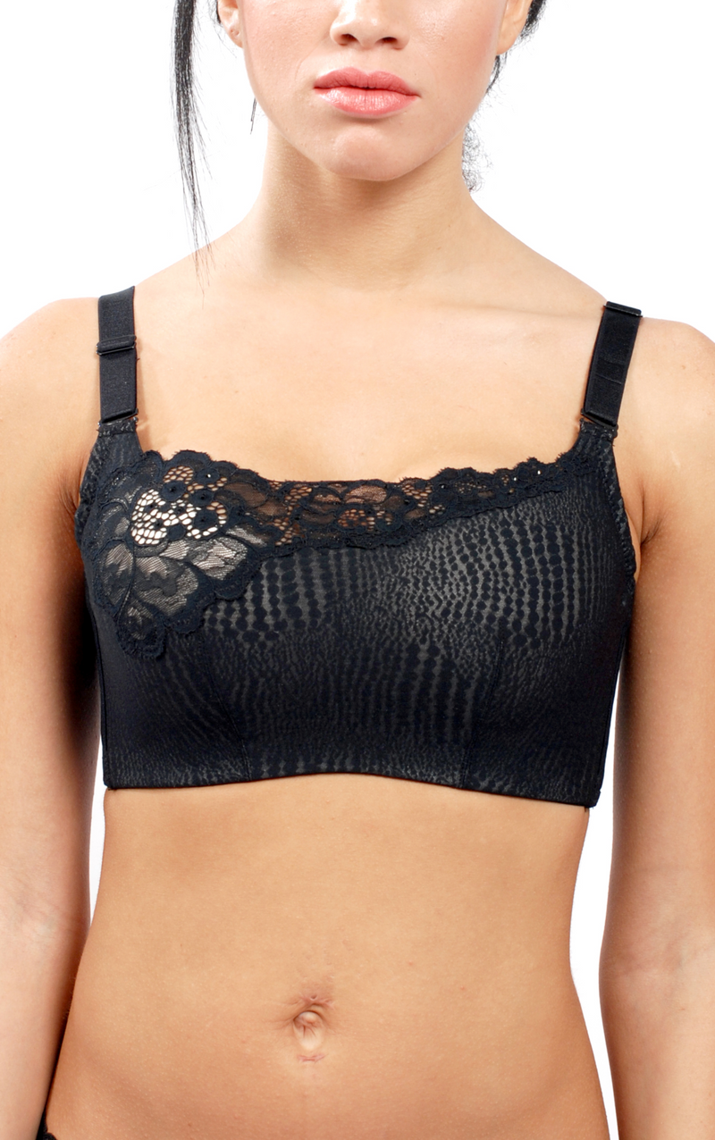 Front view of beige cotton lace tank-style wireless contour bra with seamless design
