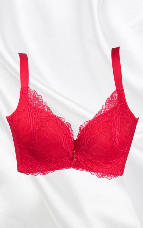 Front view of red thick cup lace underwire contour bra with push-up mold cup