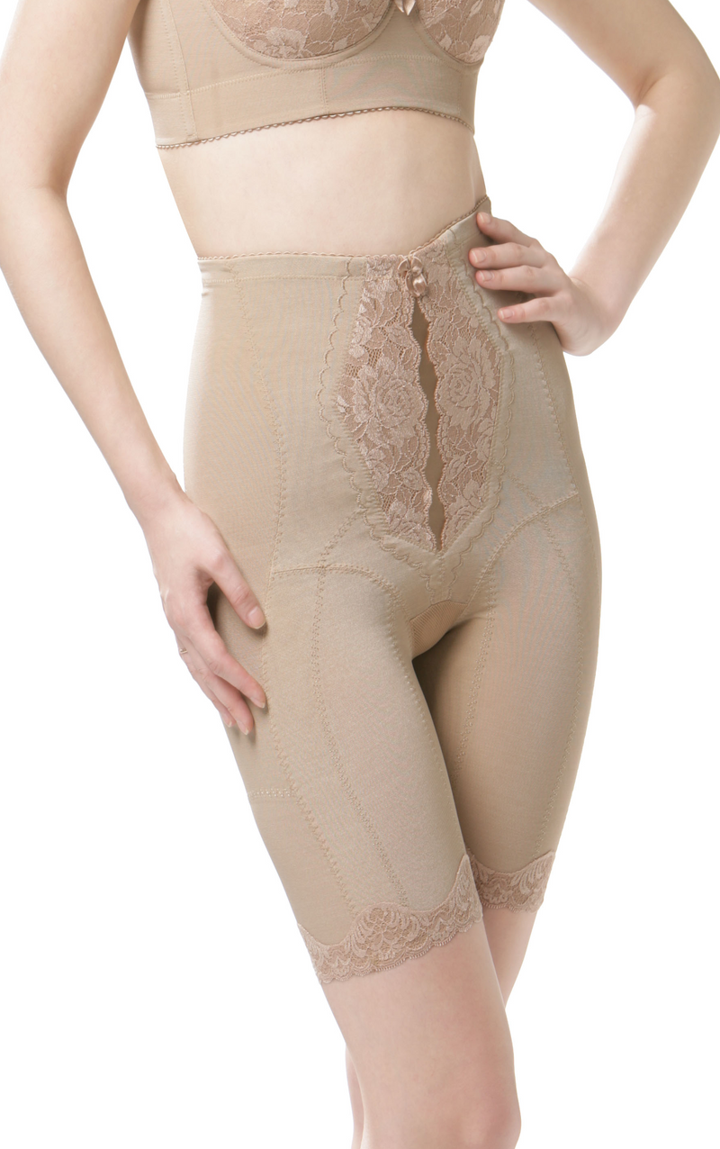 Front view of black high-waist thigh slimmer shapewear shorts with tummy control