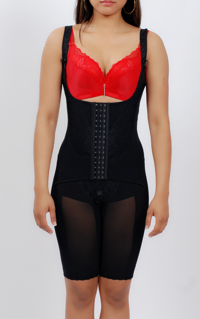 Front view of black lace full body shaper shapewear with waist cincher and butt lifter