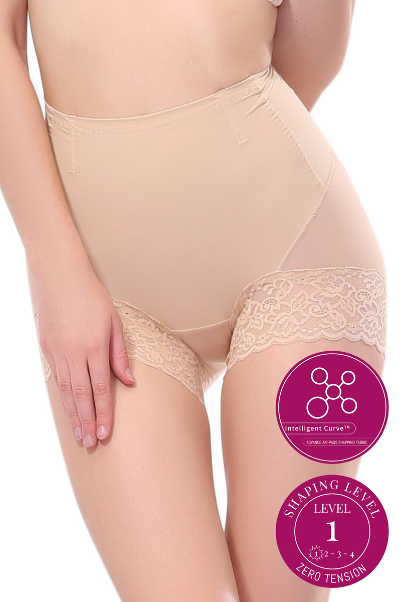 Front view of black Intelligent Curve seamless tummy control shapewear shorts with light control