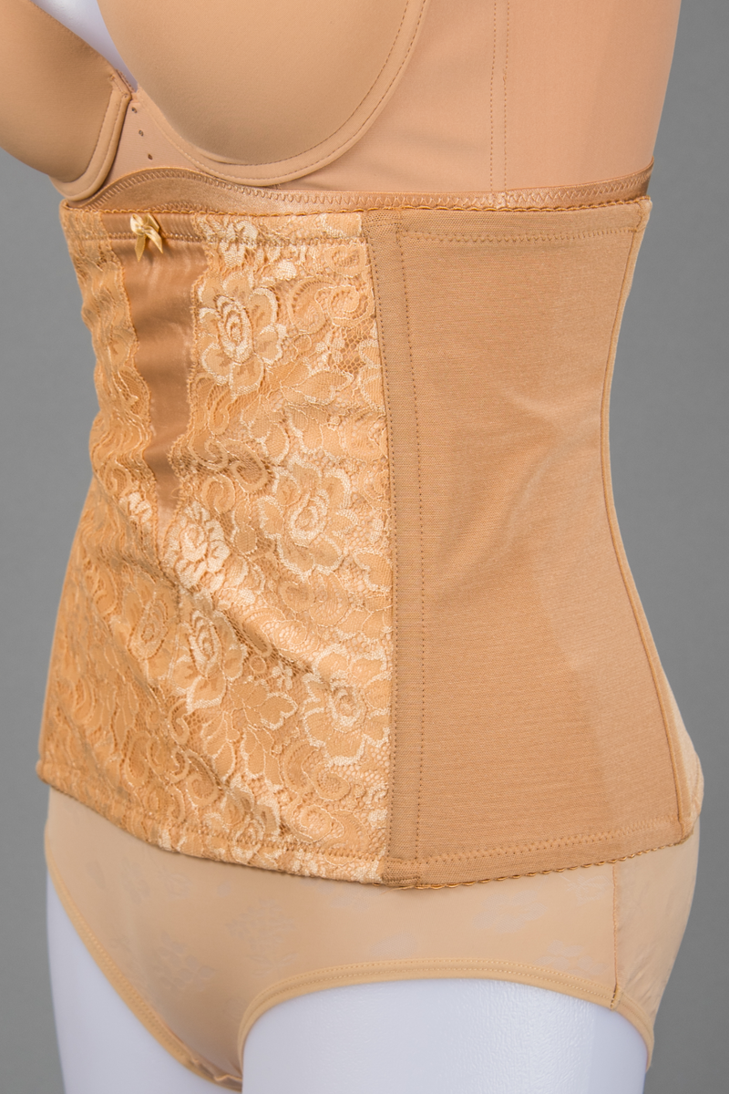 Front view of beige waist slimming corset shapewear with firm tummy control panel