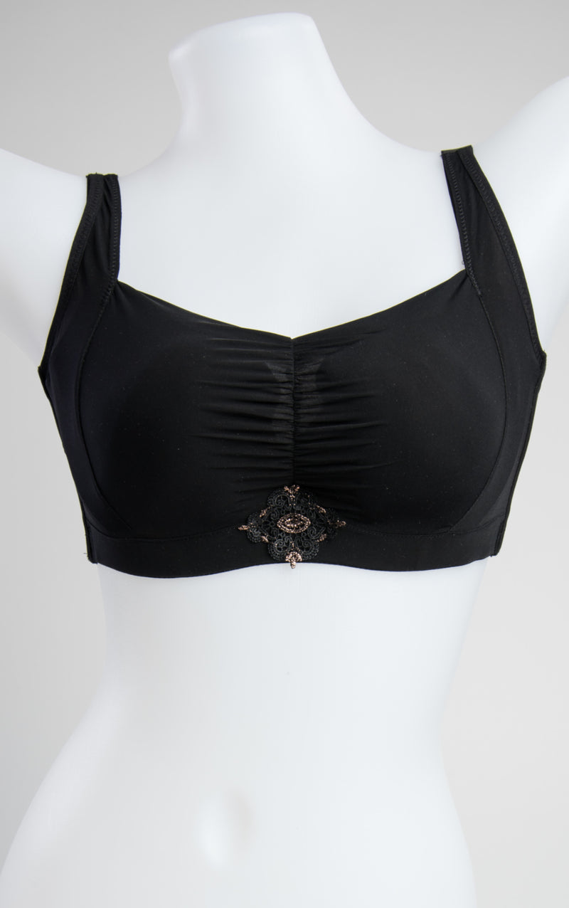 Front view of black seamless wireless molded cup contour bra with double-layer side panels