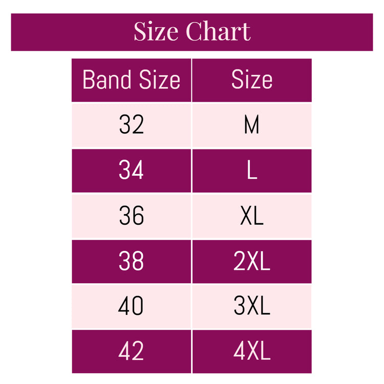 Size chart for the Satin Grace Thin Cup Wireless No-Bulge Bra, showing band sizes from 32 to 42 and corresponding bra sizes from L to 4XL.