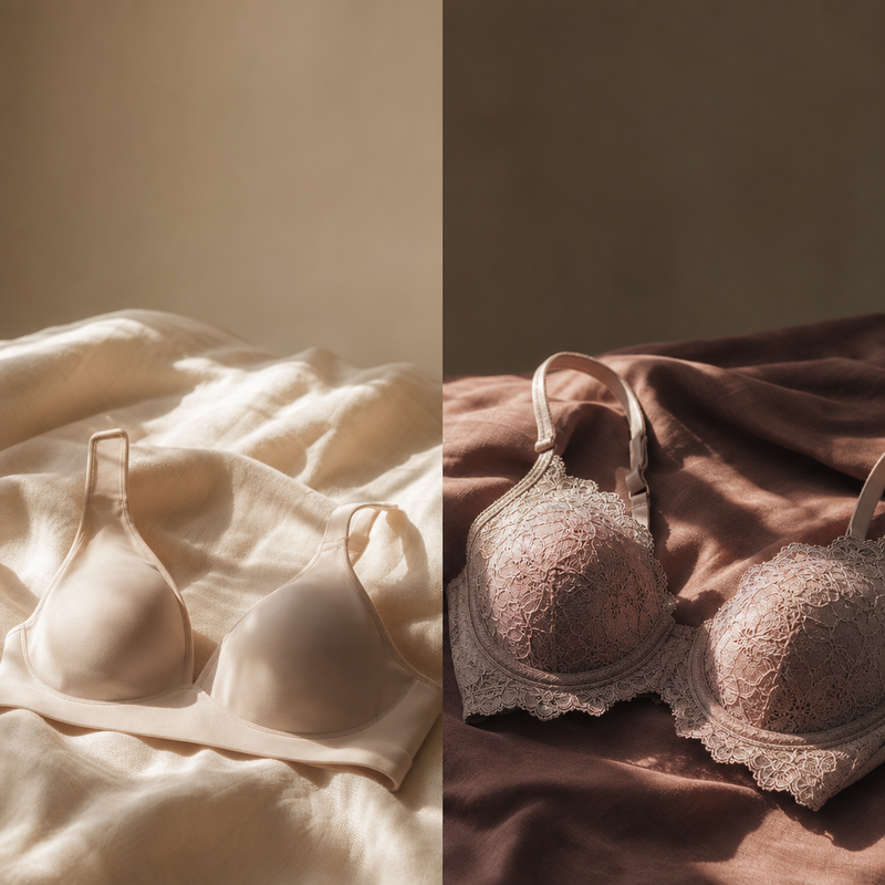 Wireless and underwire bras side by side editorial flat-lay