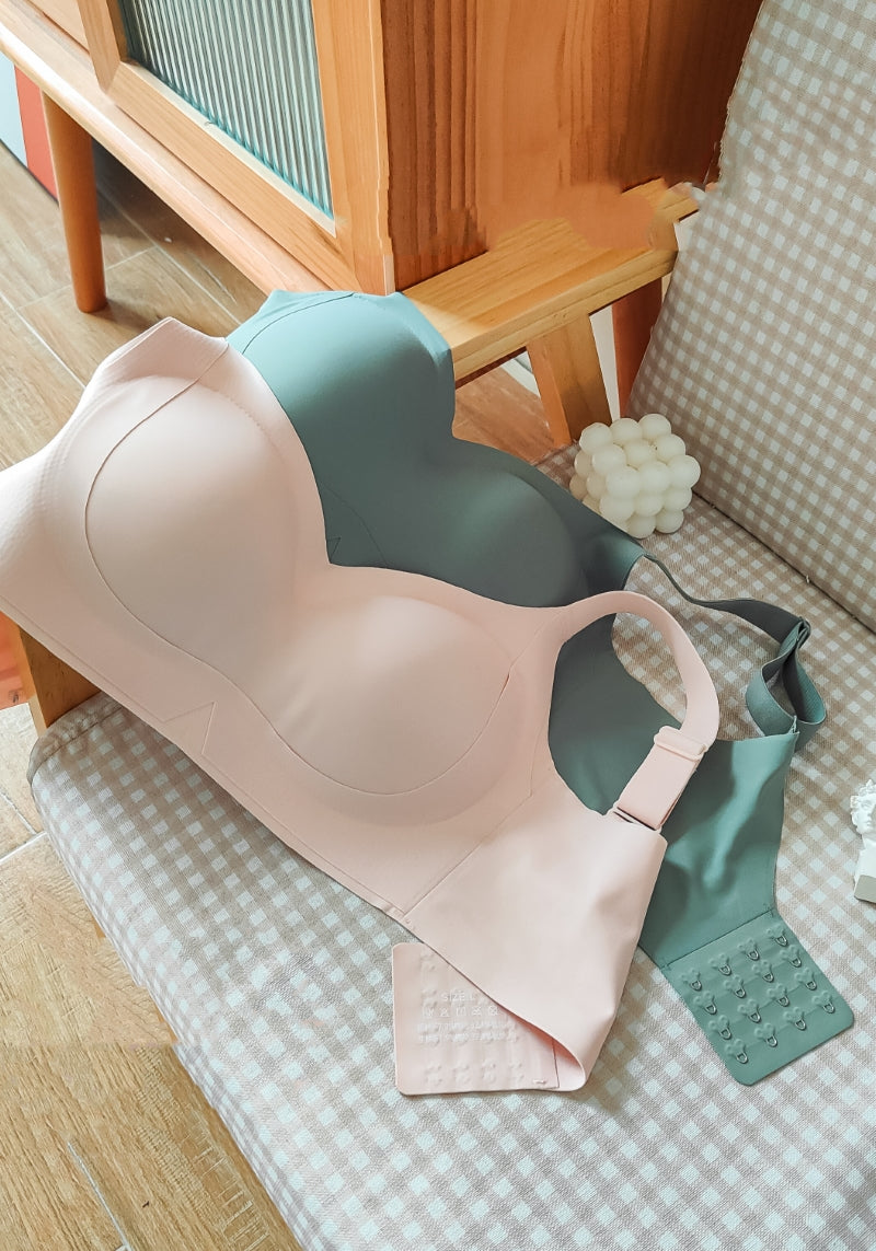 Front view of green wireless 3D molded contour bra with skin-soft breathable fabric