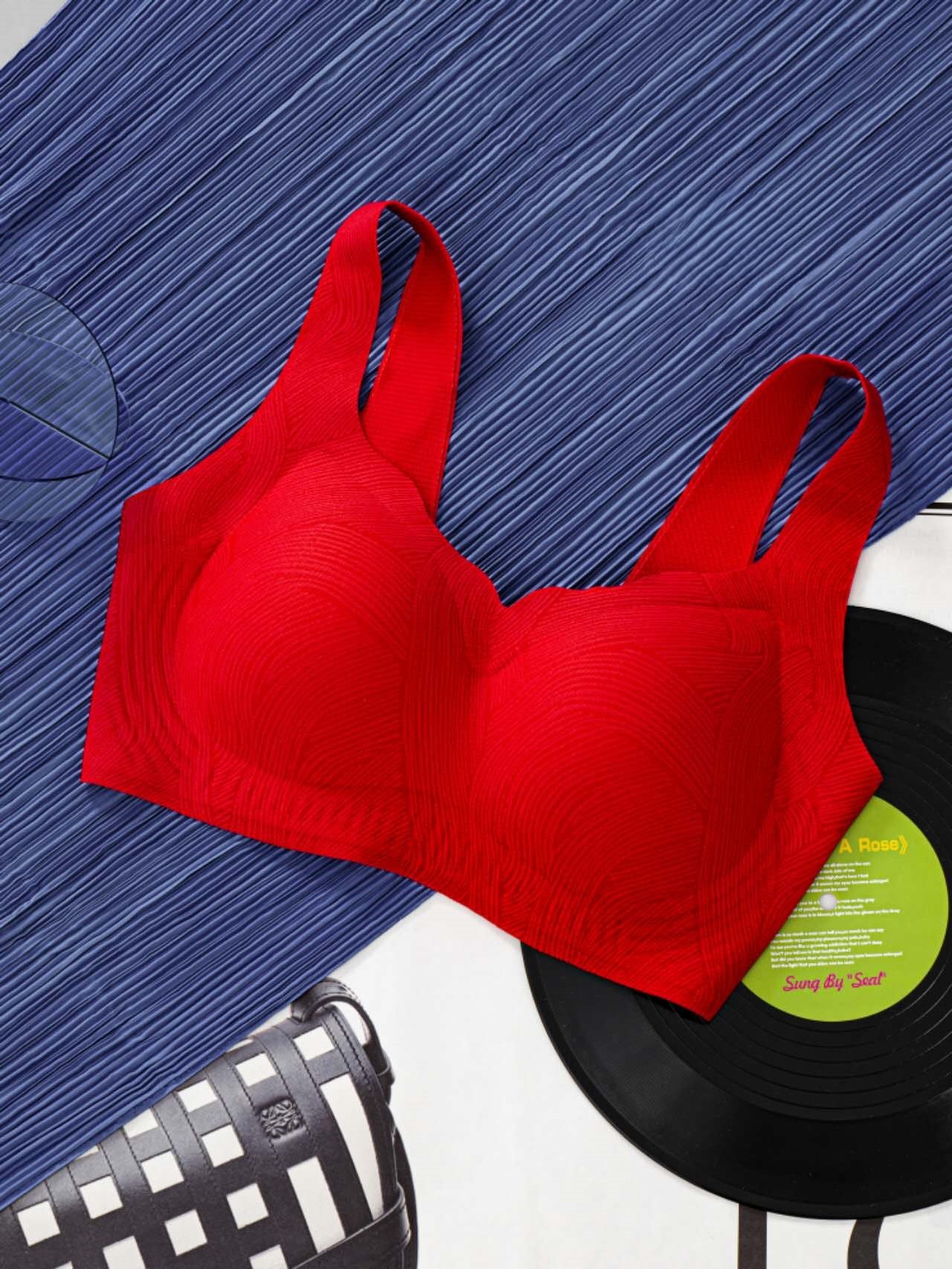 Detail view of wireless seamless contour bra showing weightless full coverage cups