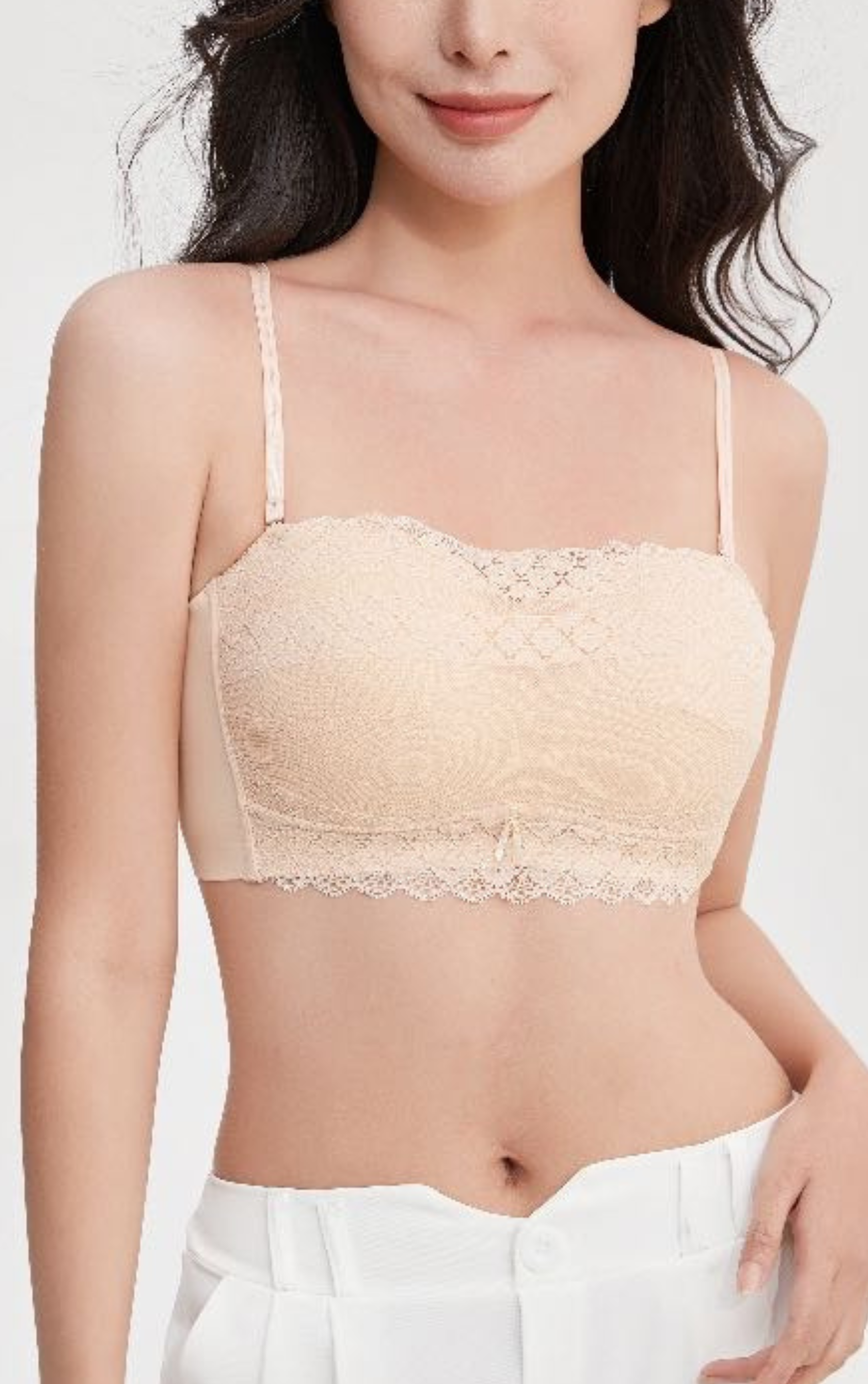 Angled view of white wireless seamless bralette contour bra highlighting lace detail