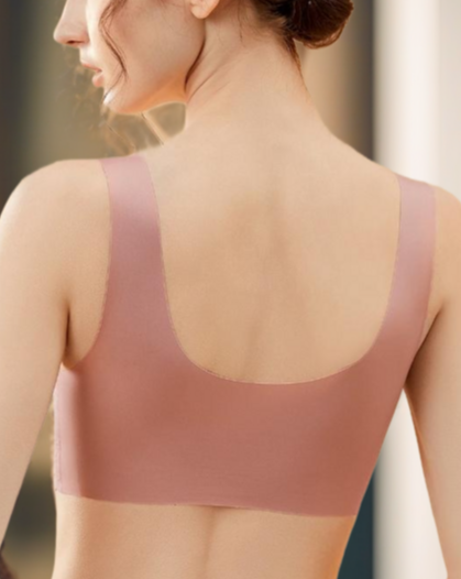 Front view of green wireless front clasp contour bra with lace detail and pressure-relief straps