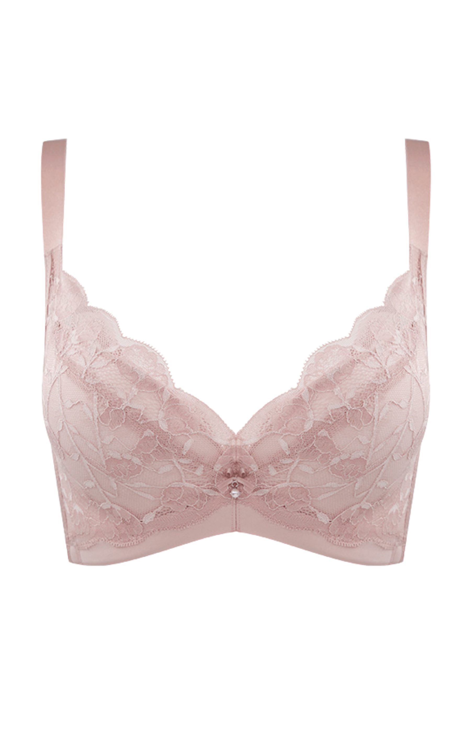 Detail view of floral lace panel and cotton cup lining on push-up contour bra