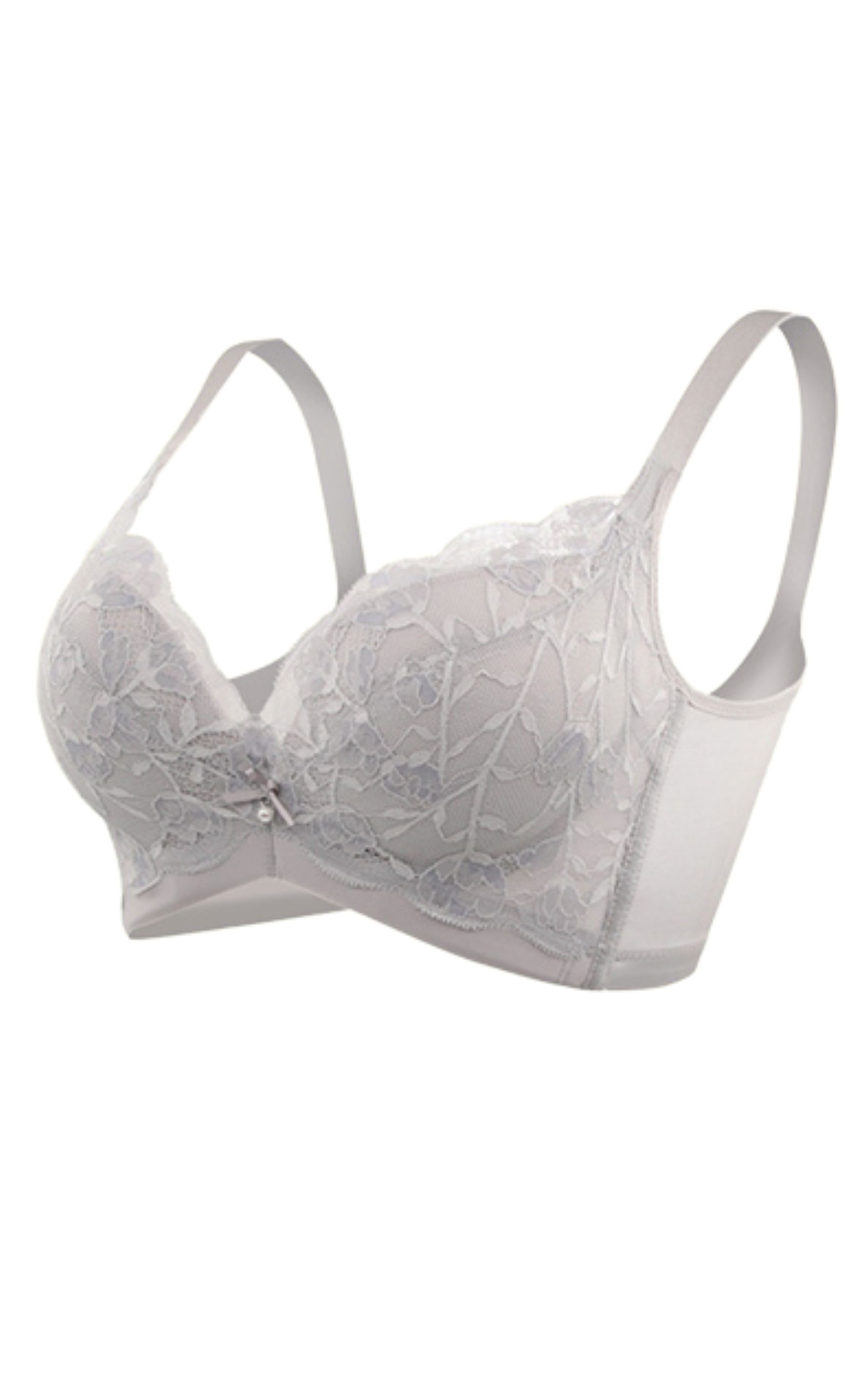 Side view of beige cotton lace contour bra showing wired support and push-up lift
