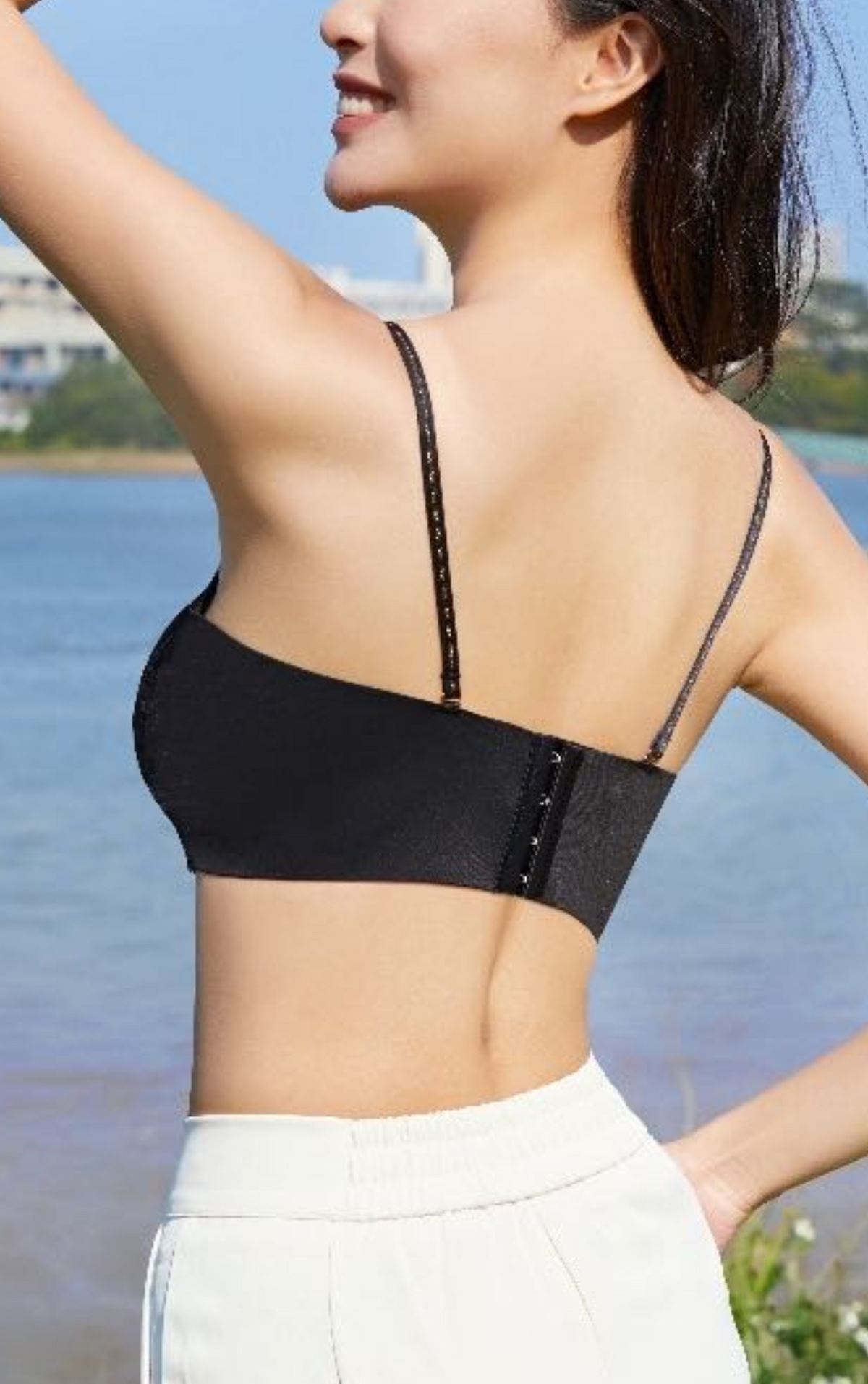 Side view of beige wireless lace bralette contour bra showing wide sidebands and thin cups