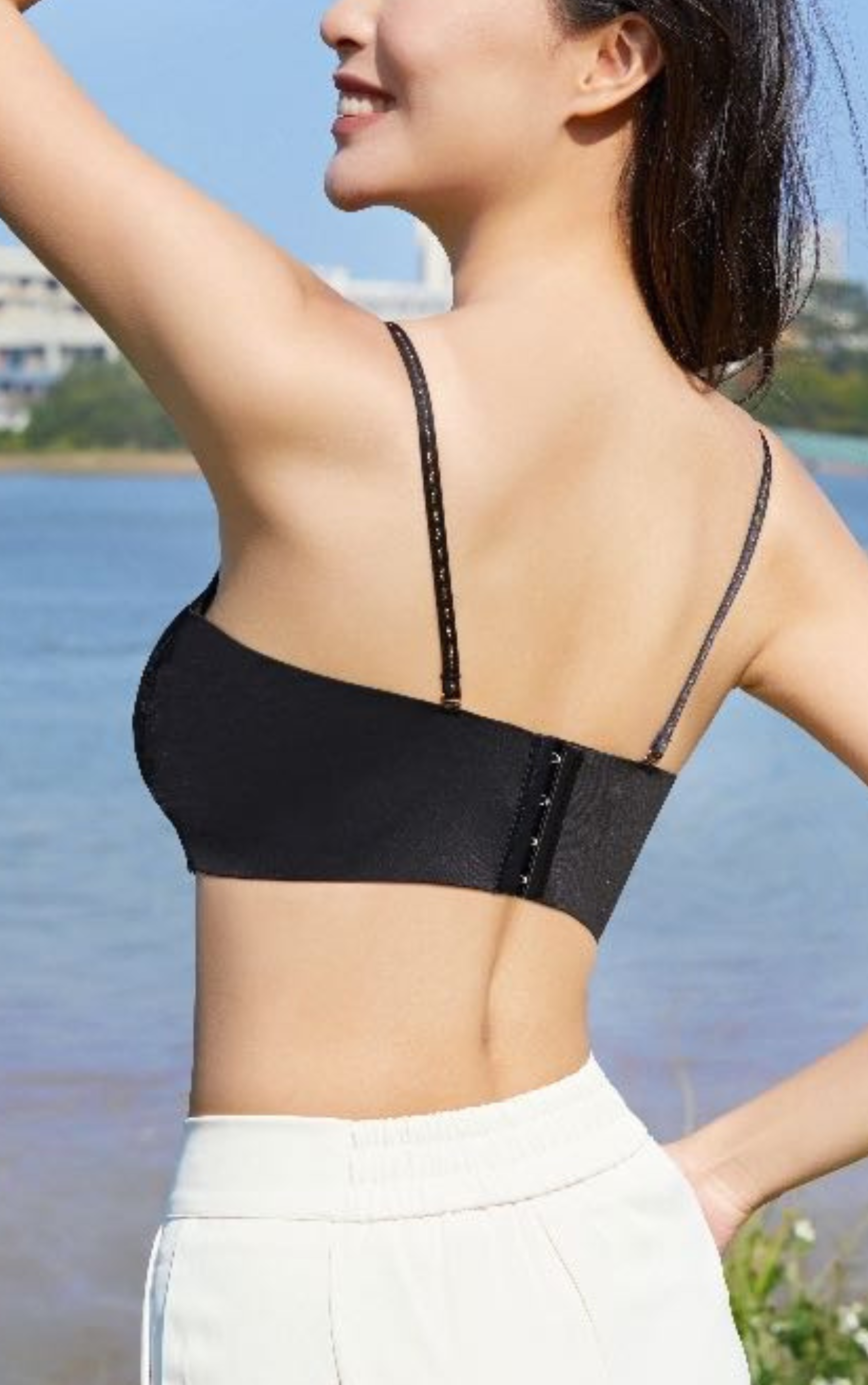 Side view of beige wireless lace bralette contour bra showing wide sidebands and thin cups