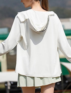 Back view of a white sun protection jacket with a hood.