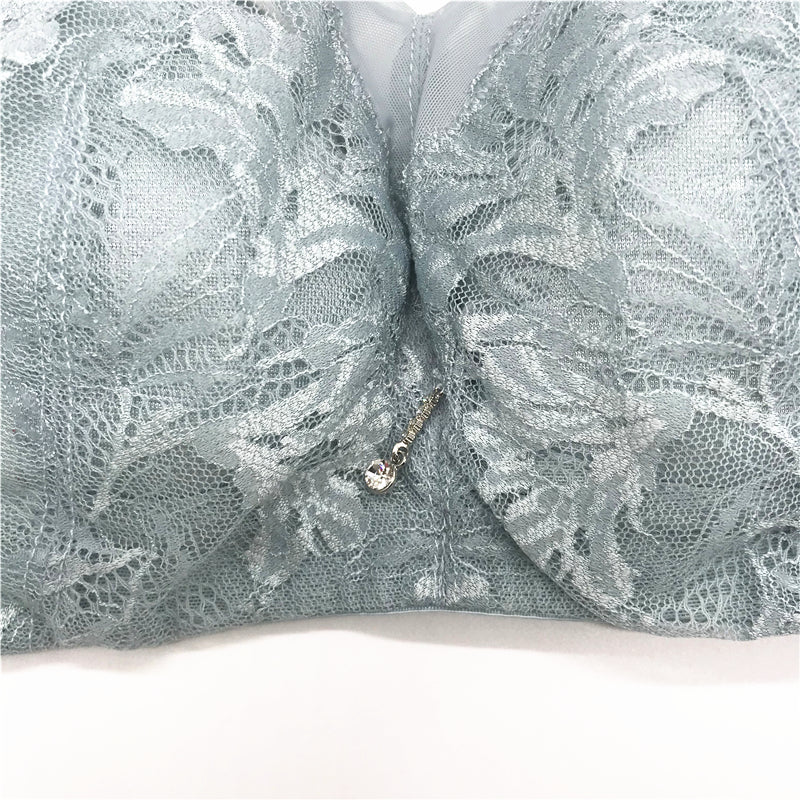 Detail shot of blue wireless contour bra fabric texture and quality stitching