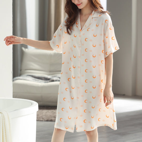 Crescent Moon Print Comfortable Silk Pajama Dress #79209