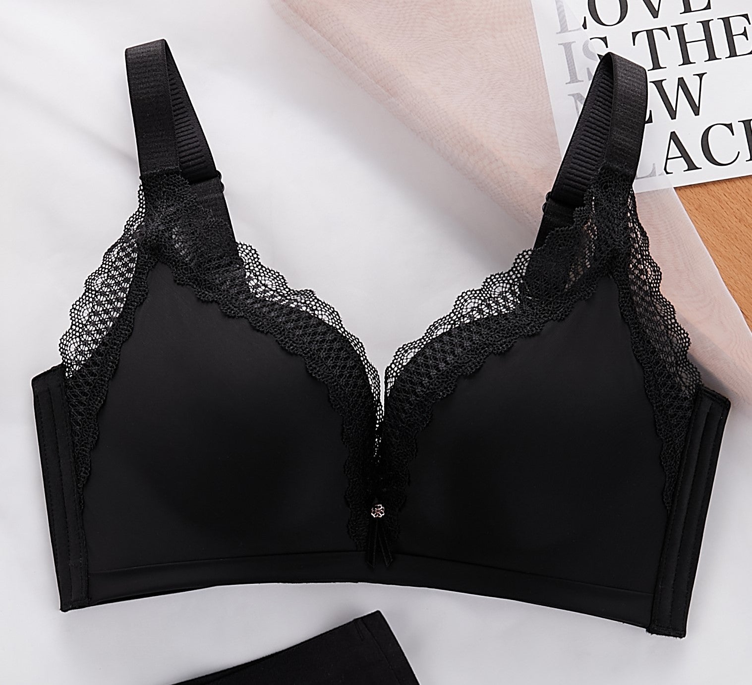 Detail view of cotton silk blend fabric and lace push-up contour bra construction