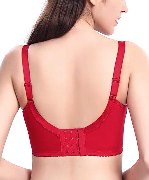Front view of red lace wireless push-up contour bra with cotton breathable cups