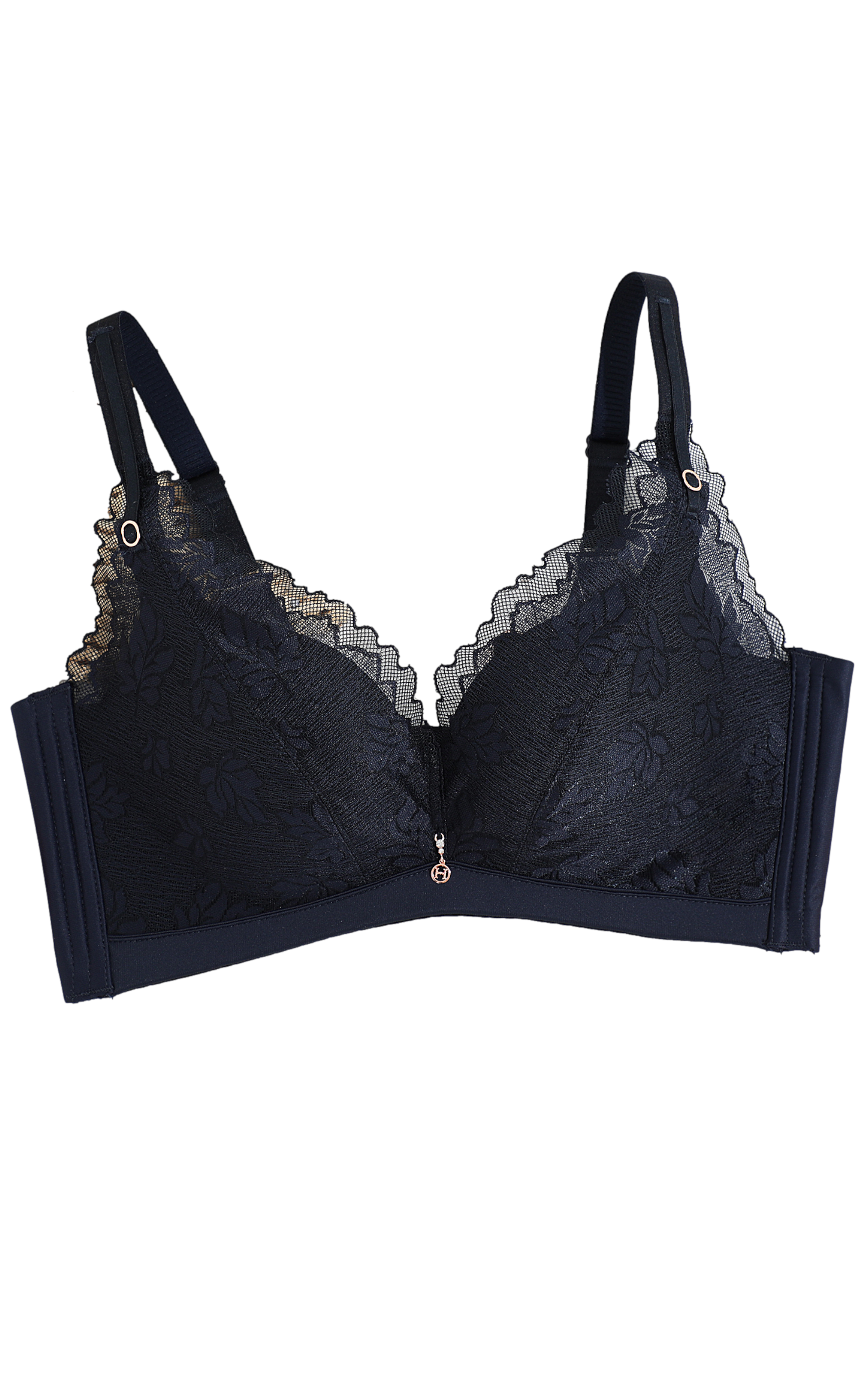 Back view of navy blue wireless lace contour bra highlighting wide sidebands for smoothing
