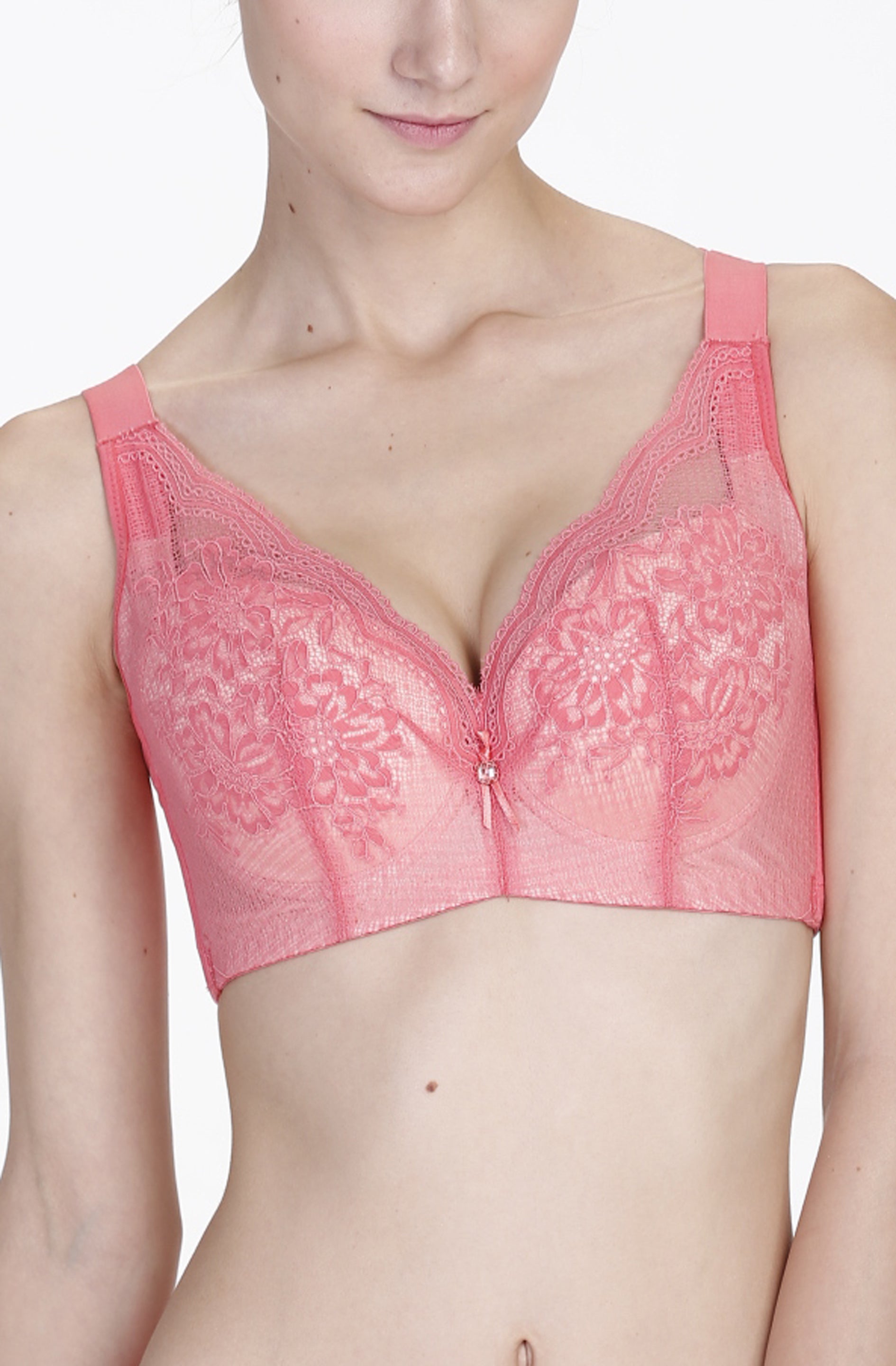 Front view of purple removable wire lace contour bra with deep-cut cup design