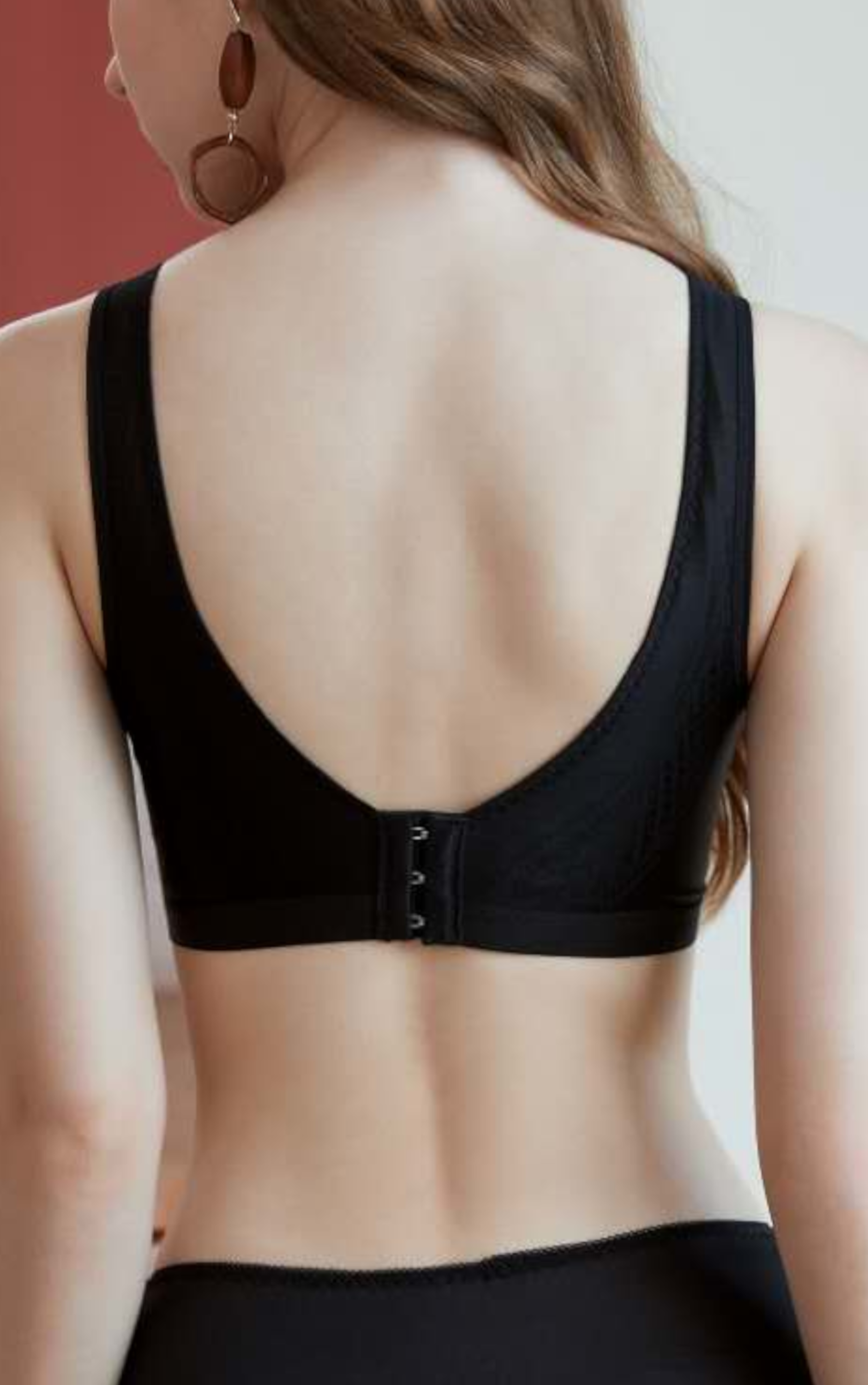 Side view of beige wireless minimizer contour bra showing V-shaped front and back smoothing
