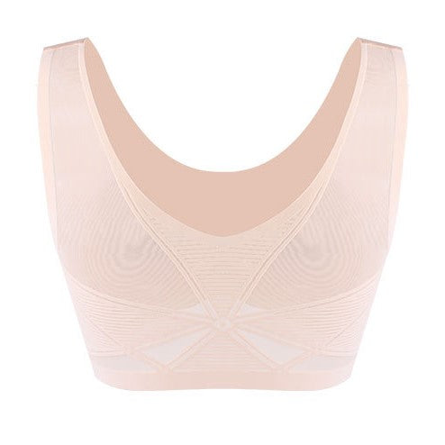 Back view of a beige wireless push-up bra, showcasing a seamless design with a decorative butterfly lace pattern. The wide straps and stretchy fabric provide comfortable support, while the lace detailing adds a feminine touch, perfect for an invisible look under clothing.