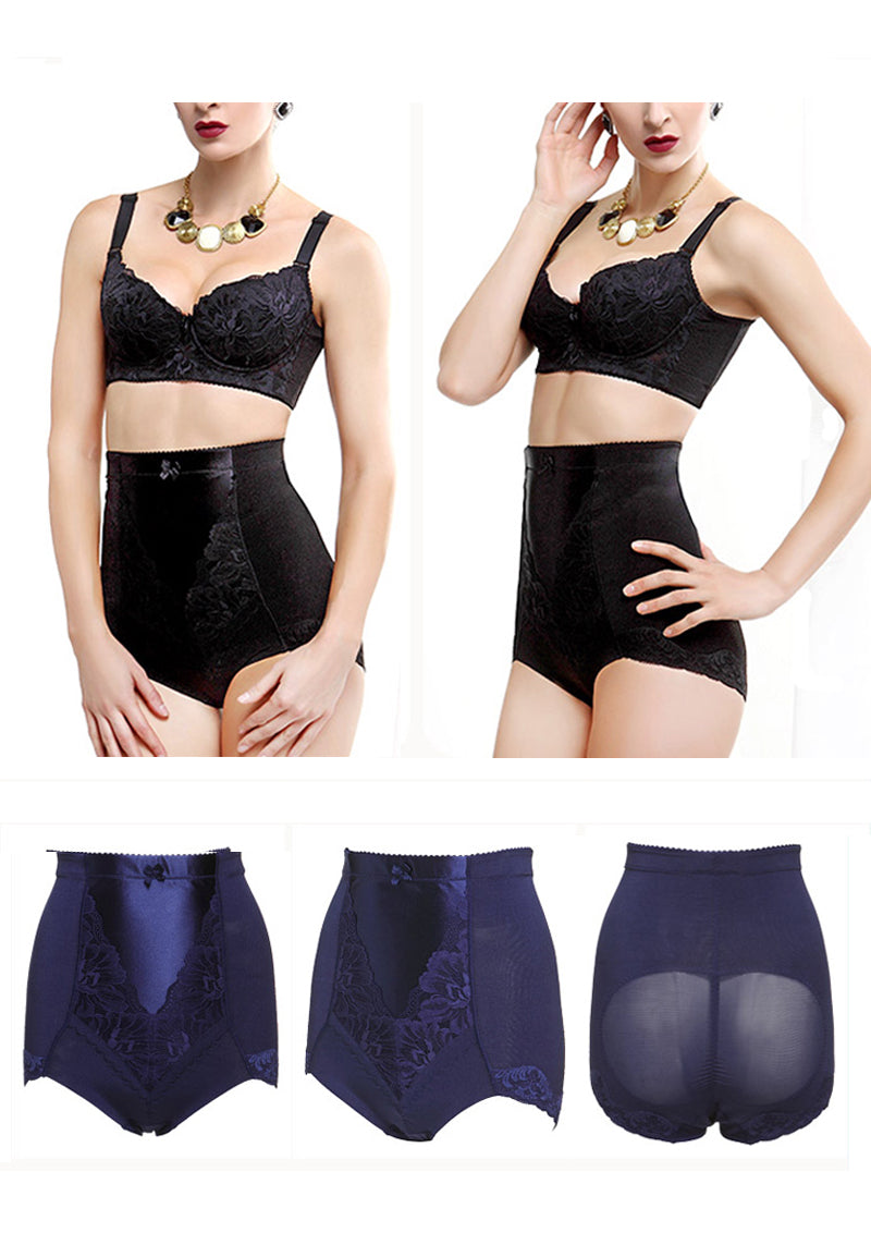 Front view of red high-waist shaper pants shapewear with elegant lace detail