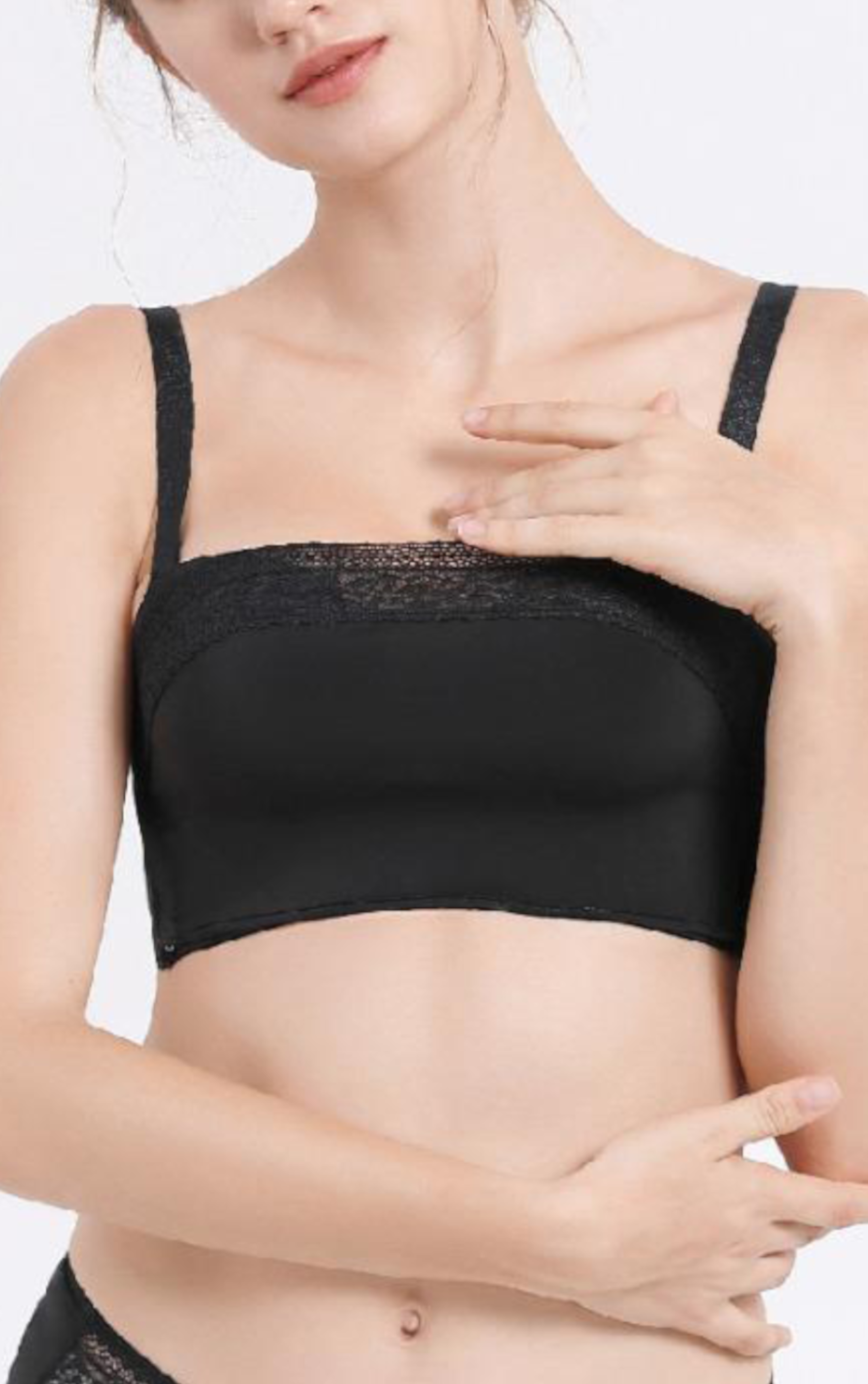 Front view of beige multiway seamless contour bra with convertible straps and lace bandeau