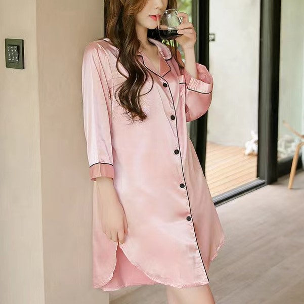 Comfy Rose Embroidery Silk Pajama Dress #70520
