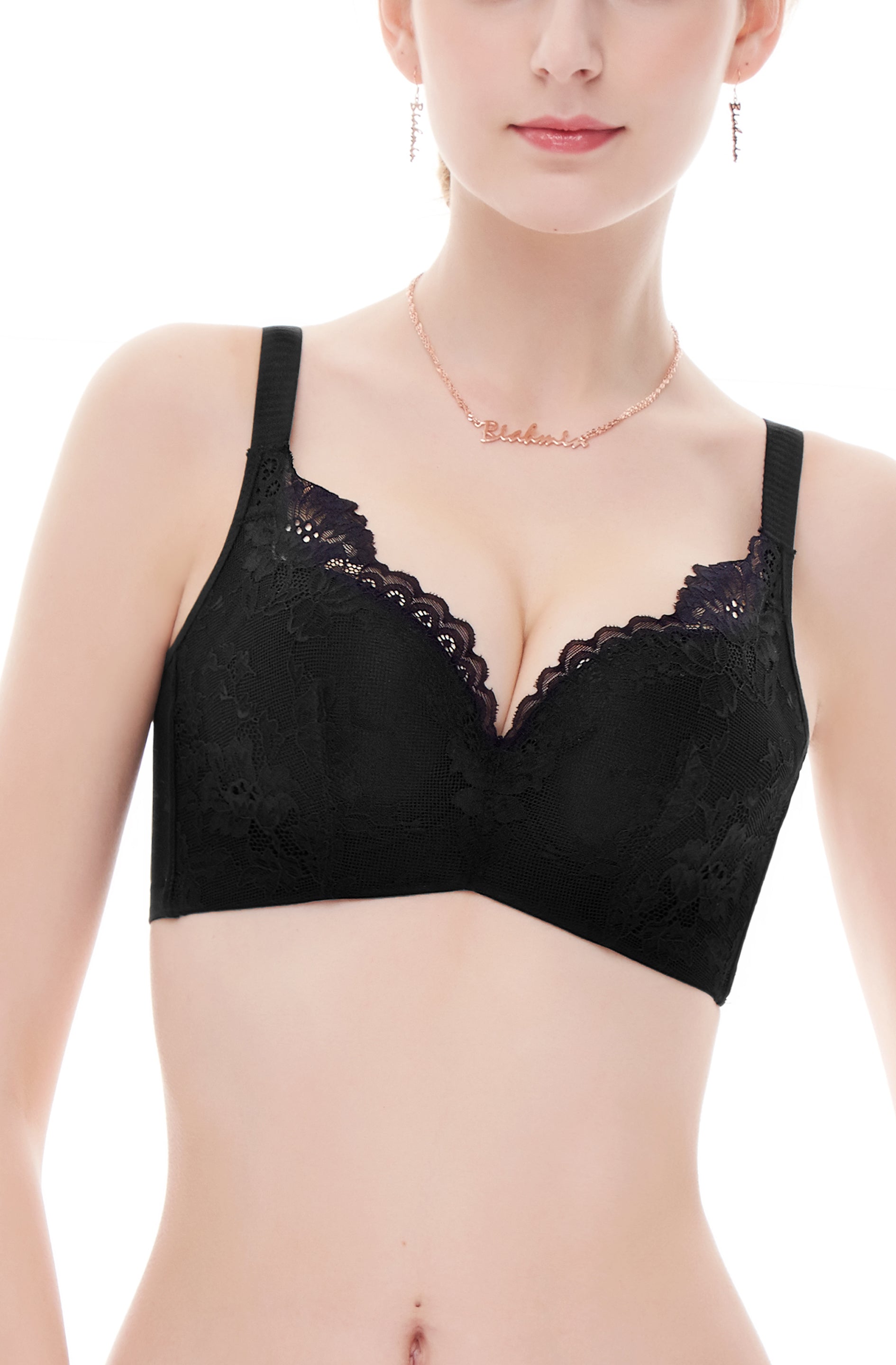 Back view of black underwire contour bra highlighting wide straps and closure