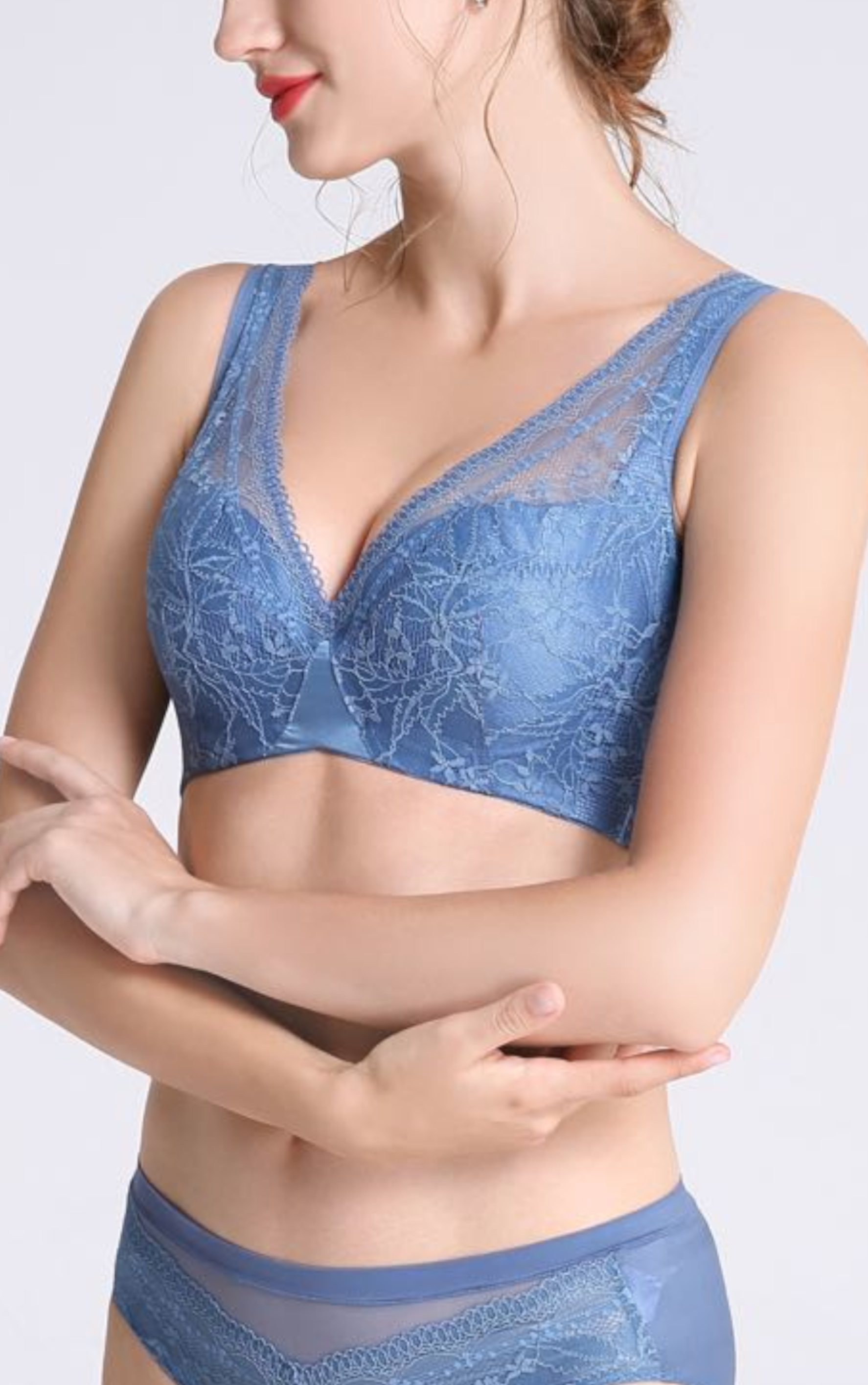 Front view of pink lace full cup minimizer contour bra with comfortable underwire support