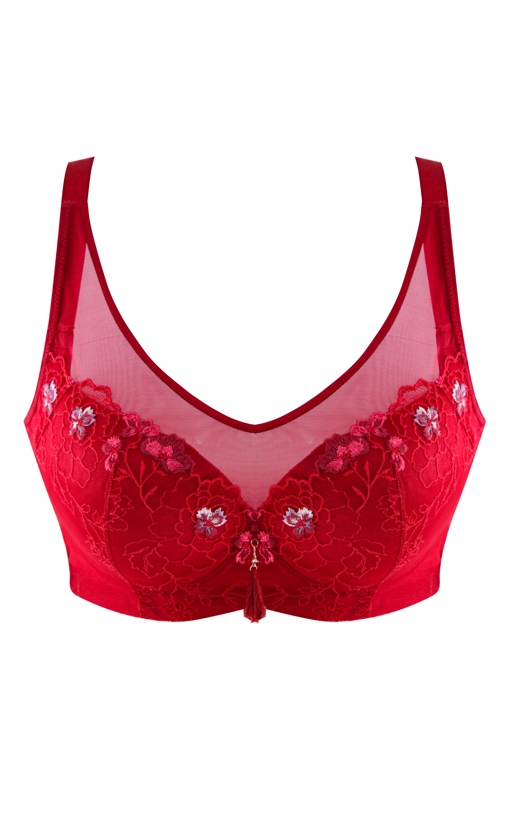 Flat lay of red floral cotton cup minimizer contour bra with elegant floral embroidery and mesh design