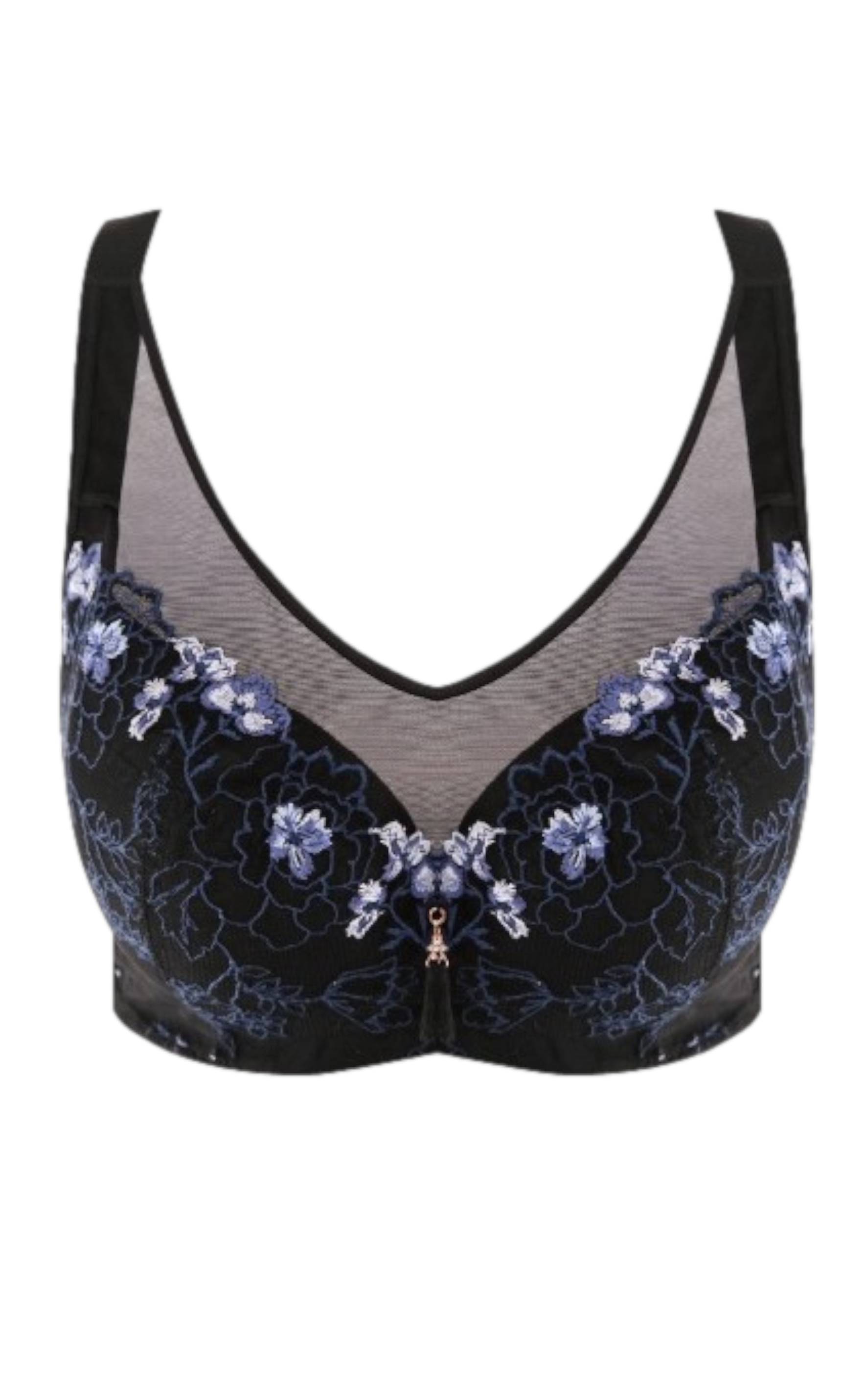 Flat lay of black floral cotton cup minimizer contour bra with wireless support and breathable cotton cups