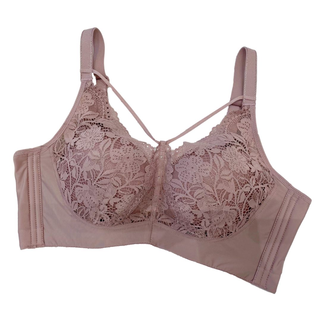 Side view of grey floral lace contour bra highlighting durable elastic support for A-B cup