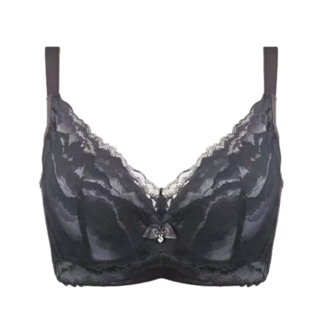 Flat lay of dark gray full cup cotton lace contour bra with elegant lace overlay and full coverage