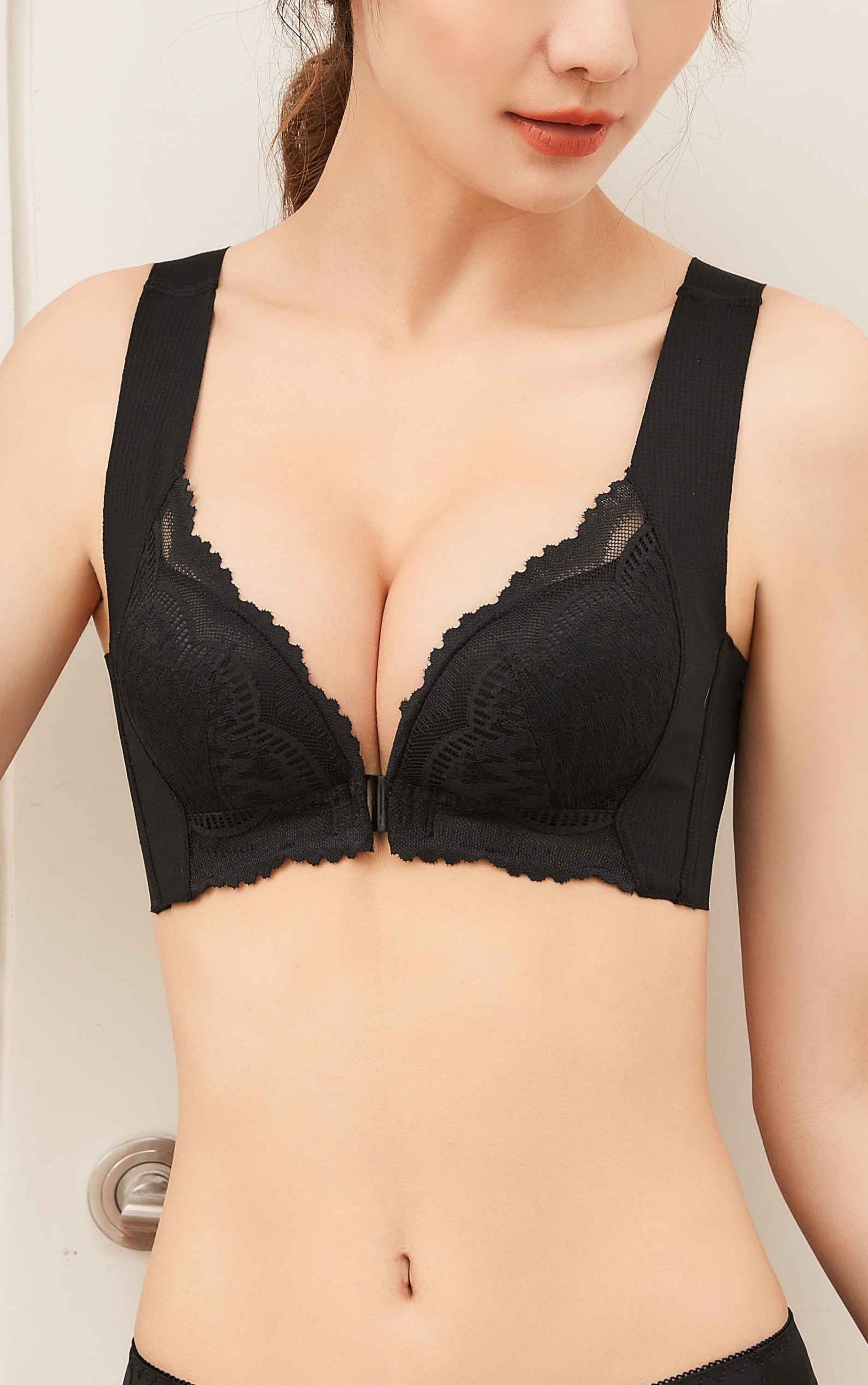 Front view of white front-close lace push-up contour bra with comfortable all-day lift