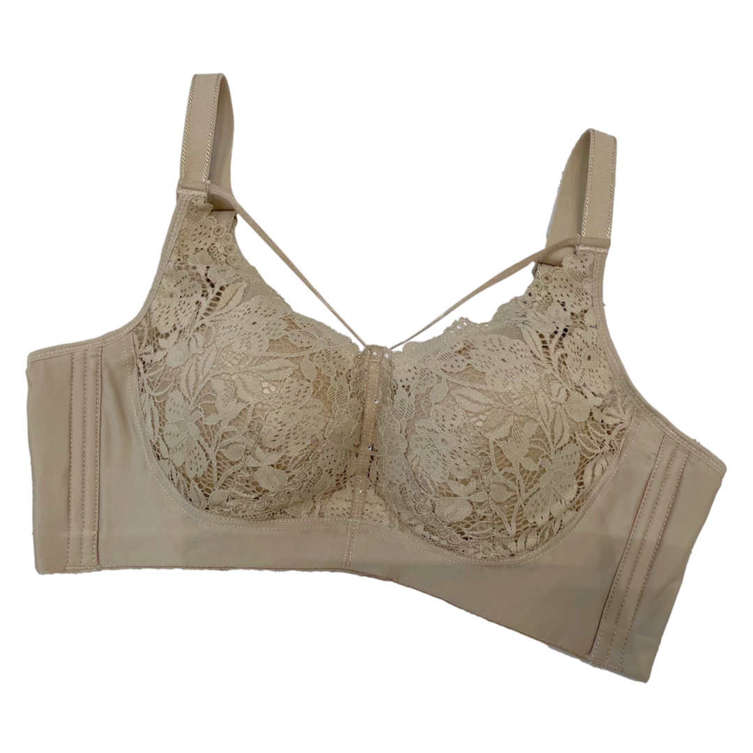 Front view of pink floral lace full-coverage contour bra with delicate floral embroidery