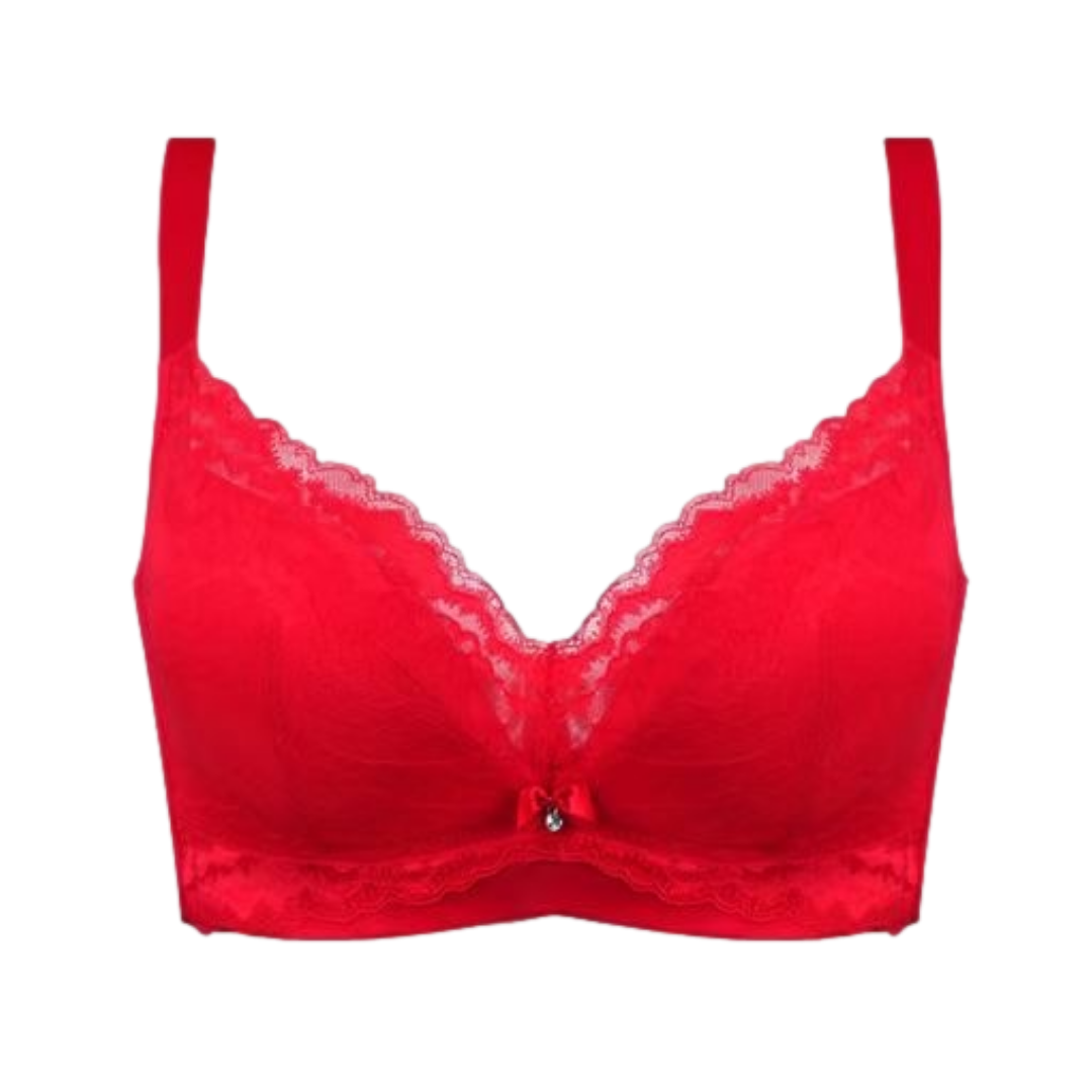 Flat lay of red full cup cotton lace contour bra showing elegant lace detailing and full coverage design