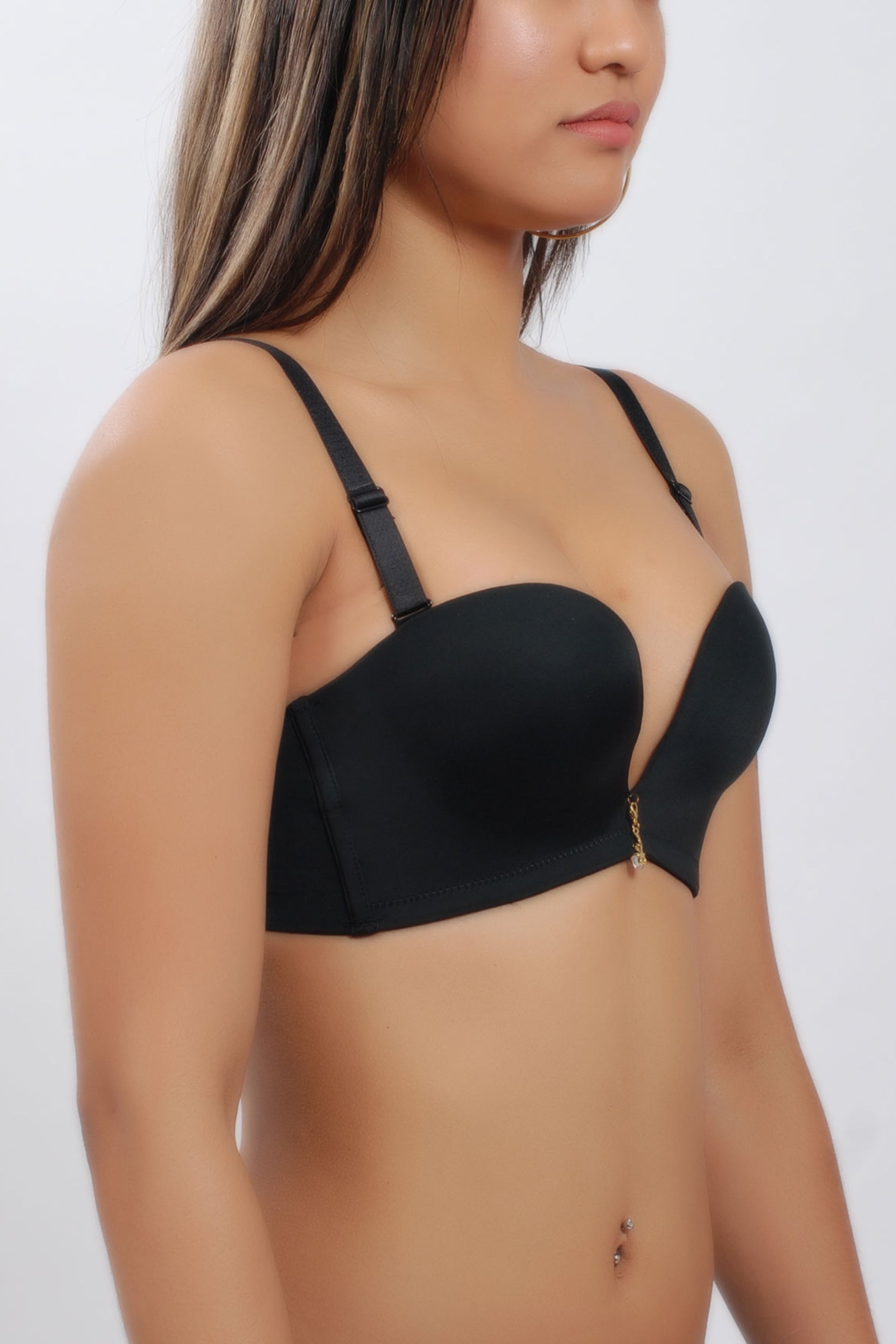 Detail view of silk convertible contour bra cotton lining and strap attachments