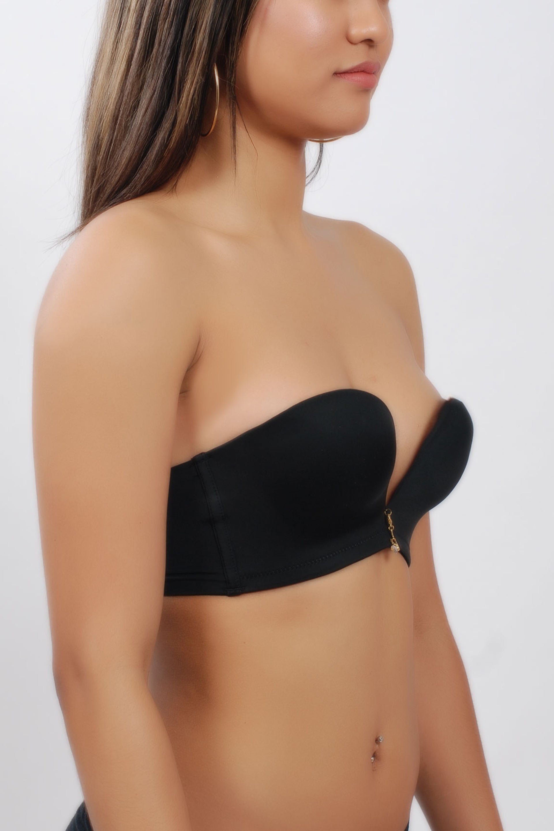 Angled view of black silk contour bra highlighting multi-way strap options