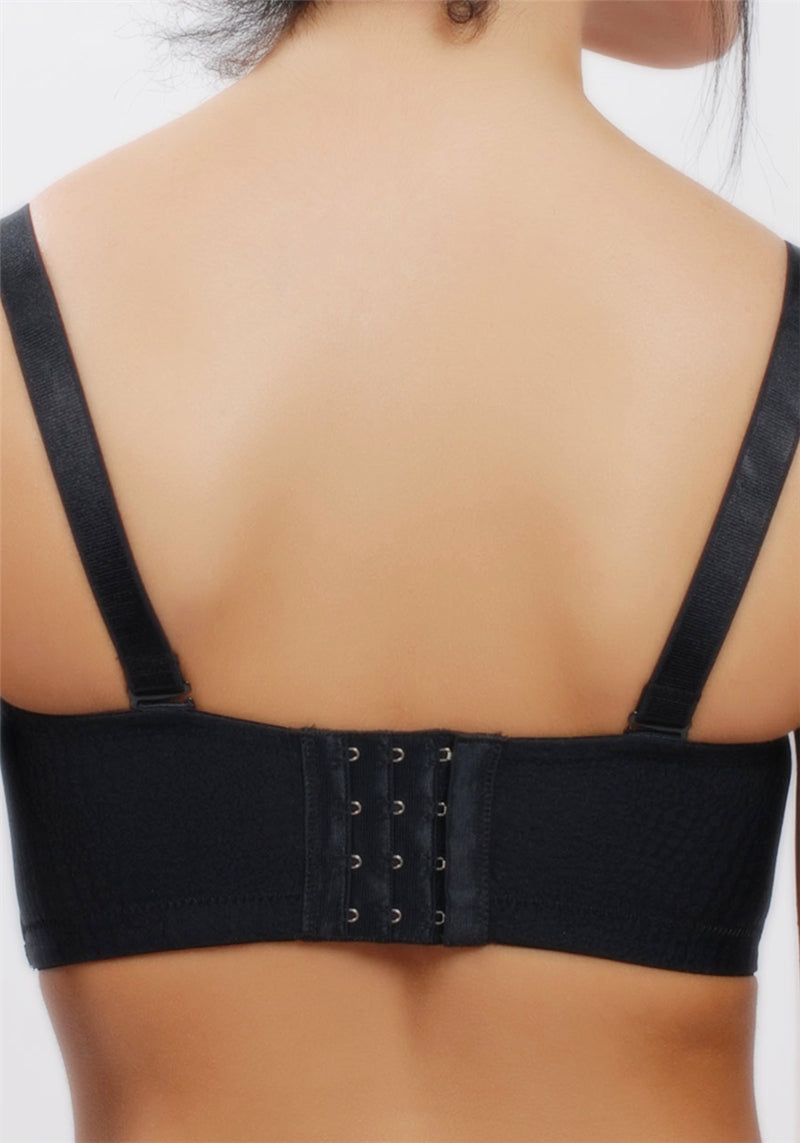 Side view of black tank-style wireless contour bra highlighting wide straps and support