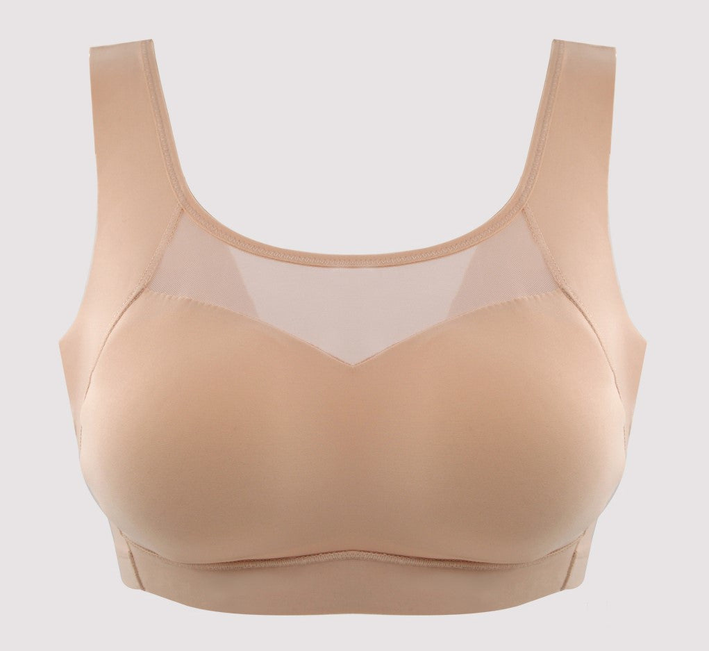 Back view of beige wireless mesh sports contour bra with deep V-shaped back for airflow