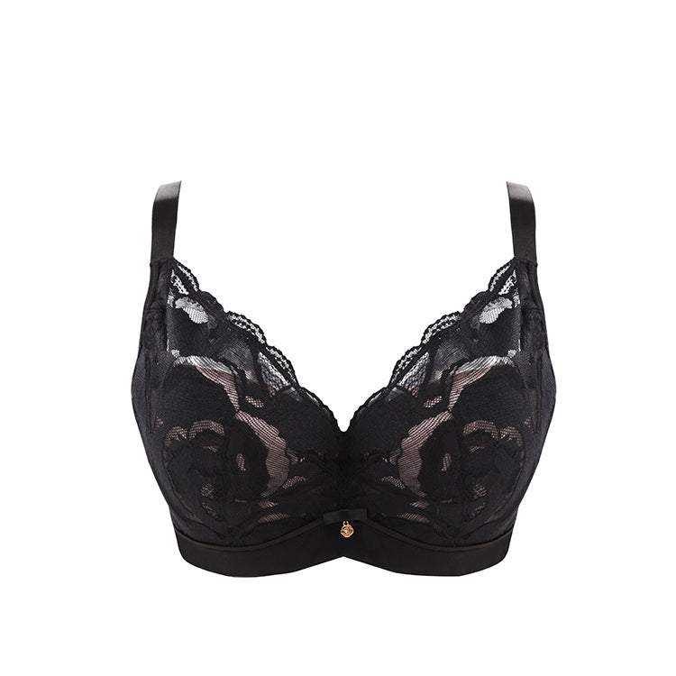 Front view of black floral lace memory underwire contour bra with breathable cotton lining