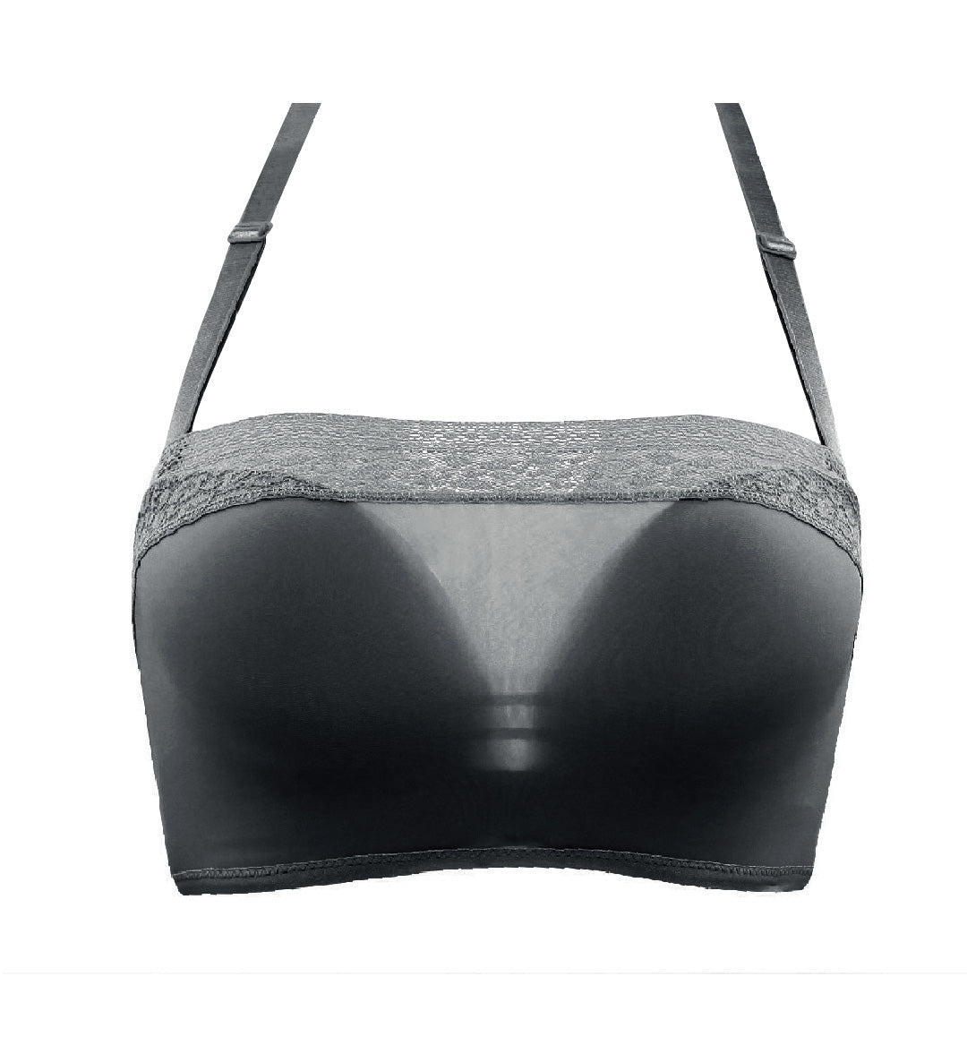 Front view of black multiway seamless contour bra with removable lace bandeau design