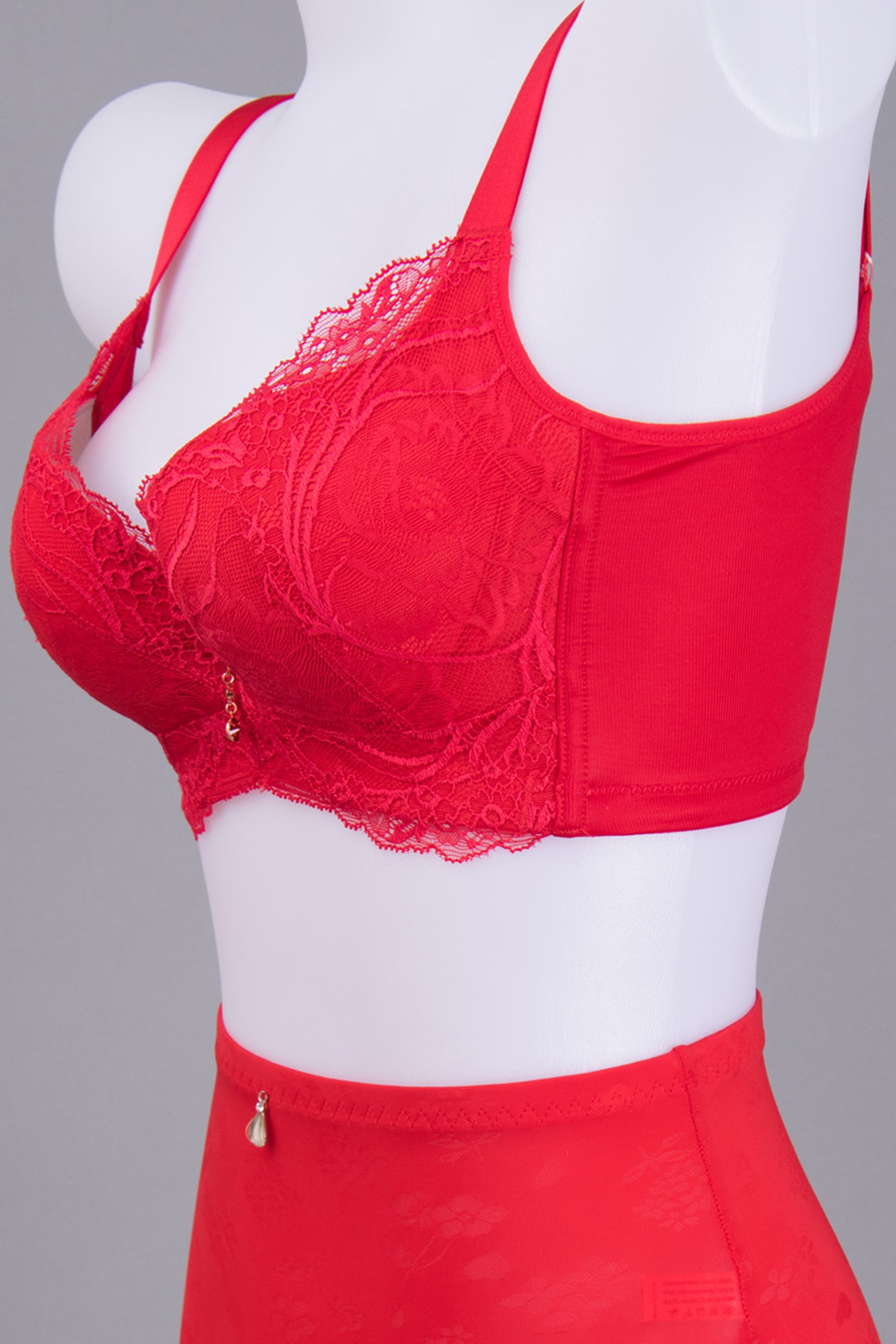 Back view of red lace contour bra highlighting high-density back smoothing panel