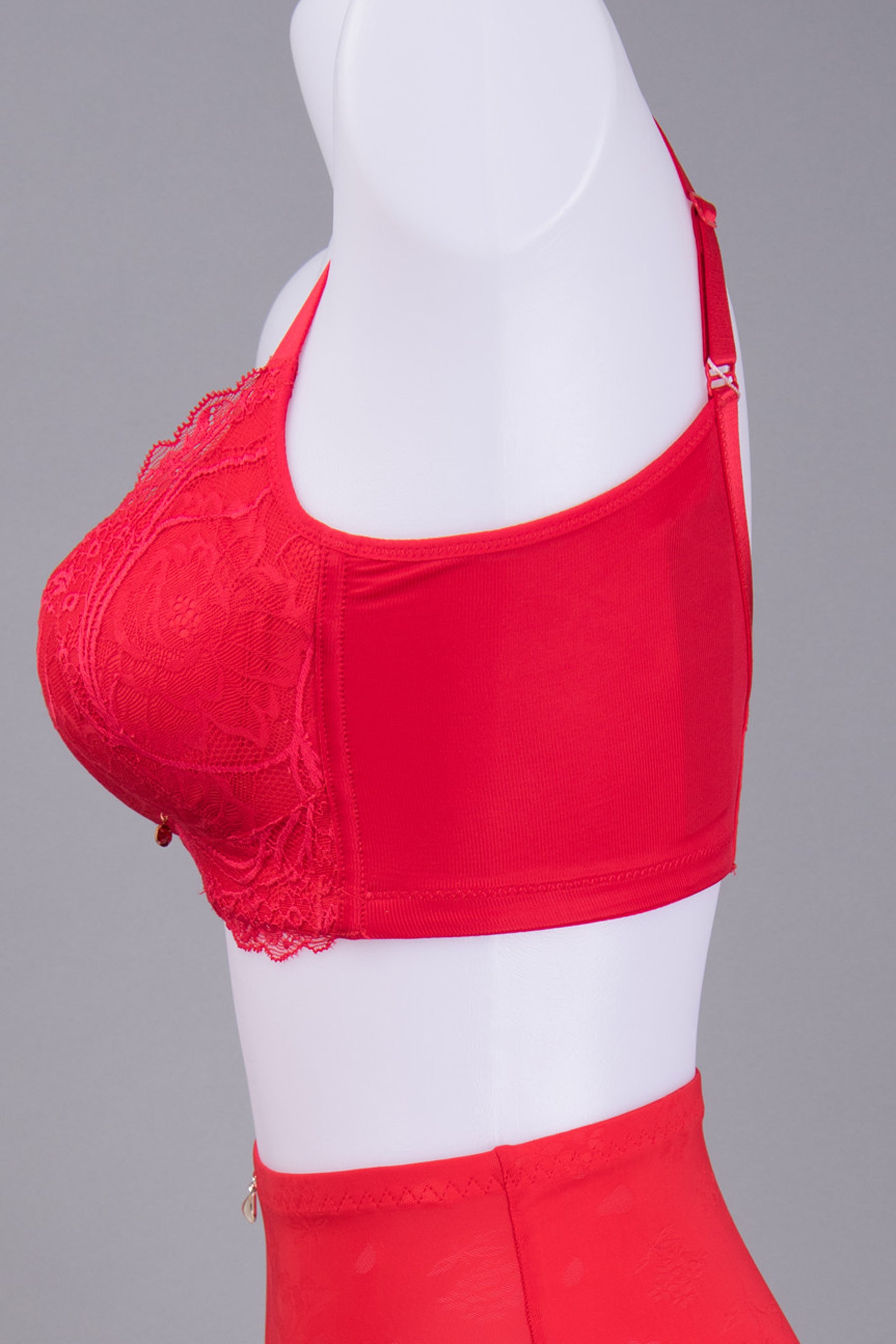 Detail view of red lace embroidery on underwire contour bra with wide straps