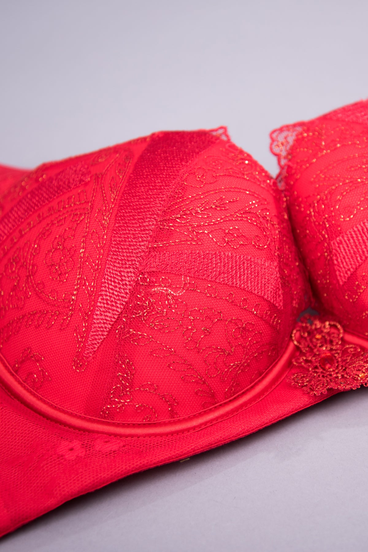 Front view of ruby floral lace wireless push-up contour bra for special occasions