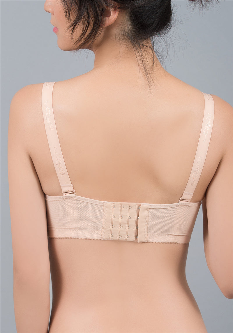 Back view of beige wireless strapless push-up contour bra with convertible strap options