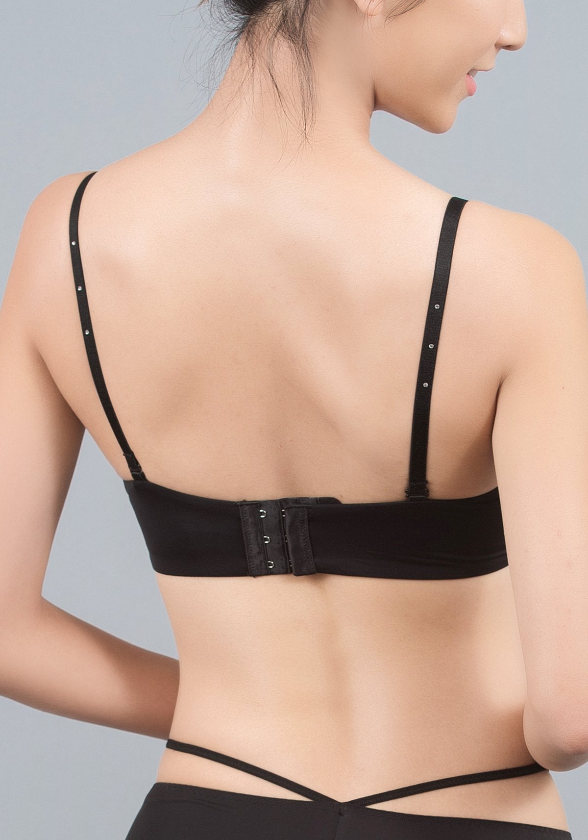 Front view of black convertible push-up contour bra with small bust support and padded cups