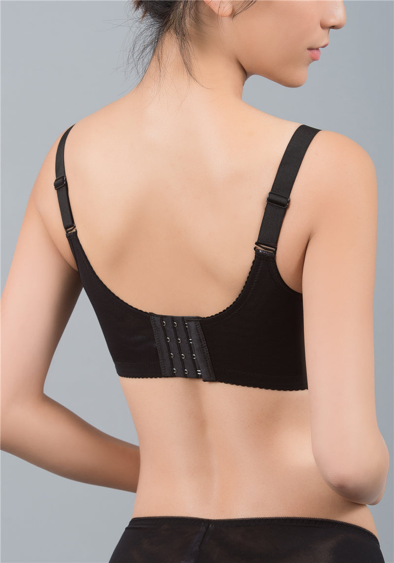 Back view of beige wireless contour bra highlighting four-row hook closure